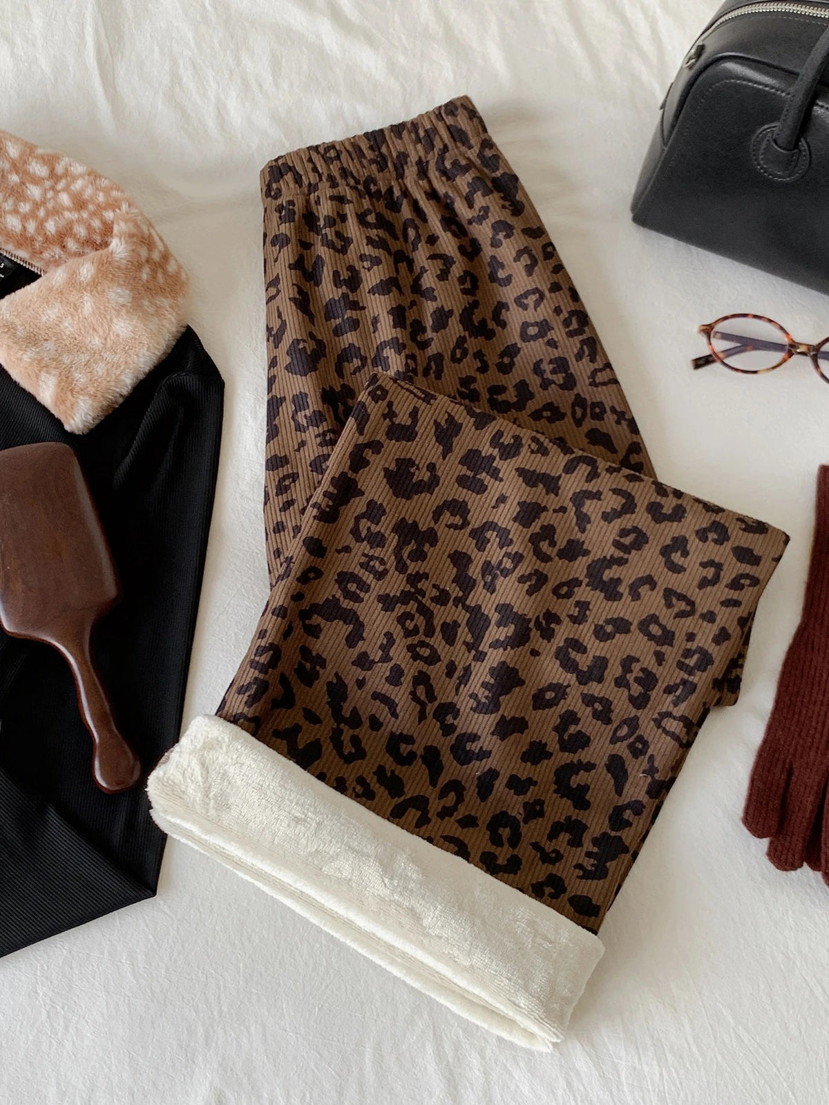 Women's Fleece-Lined Leopard Pajama Pants, Thermal Wide Leg Lounge Pants, Brown Leopard, view 5