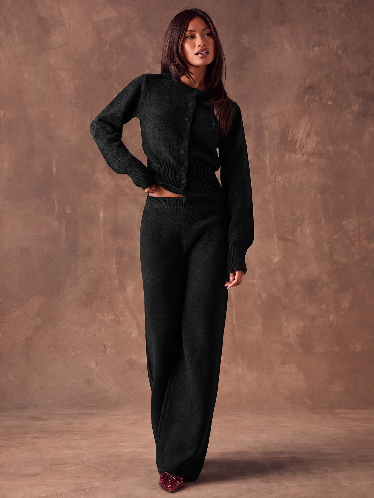Women's Sweater Knit Lounge Set, Crew Neck Button Cardigan and Wide Leg Knit Pants, Black, view 5