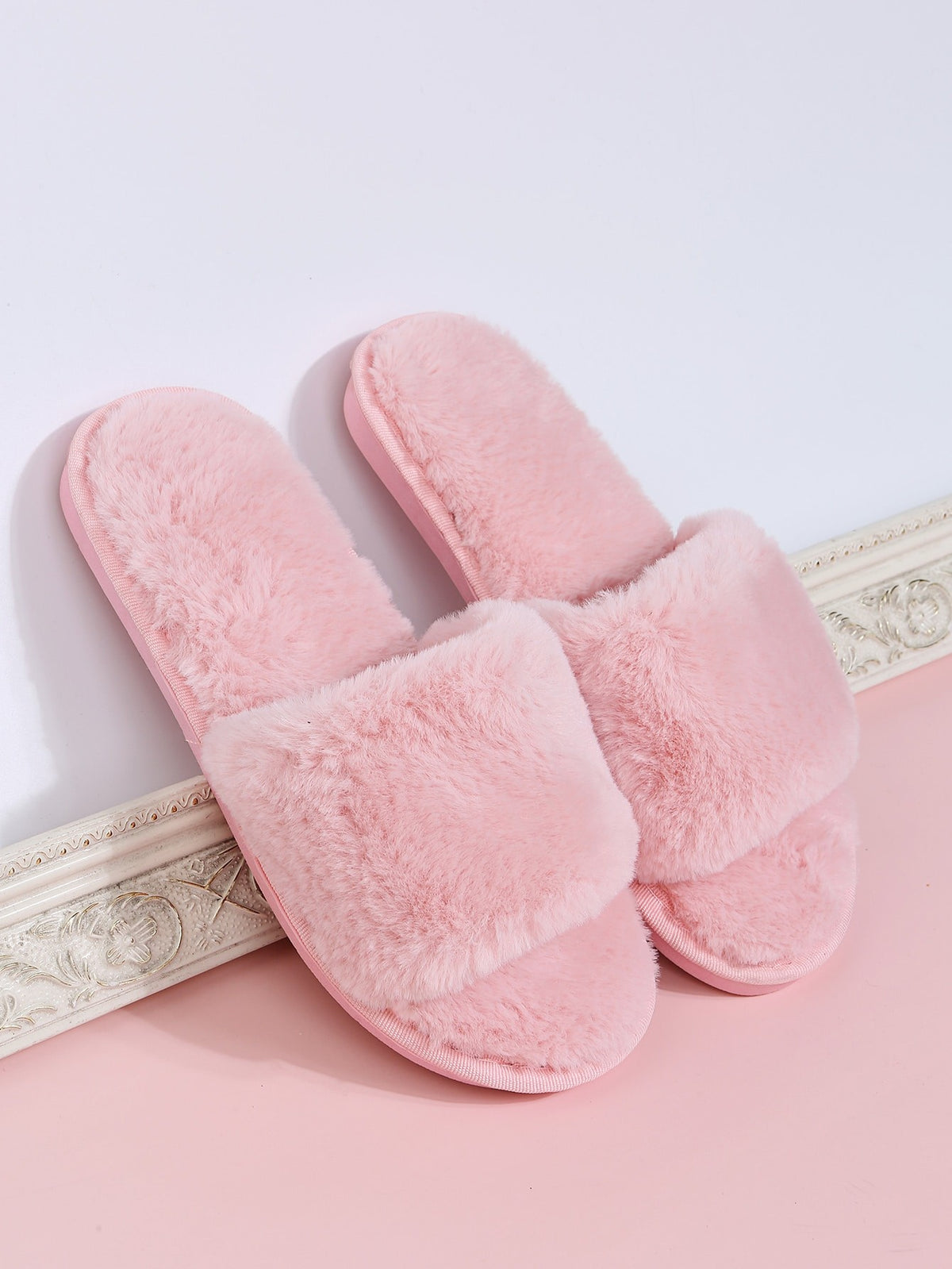 Women's Faux Fur Slide Slippers, Fluffy Open Toe House Slippers, Pink, view 4