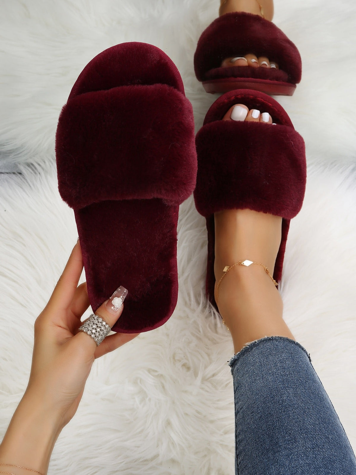 Women's Faux Fur Slide Slippers, Fluffy Open Toe House Slippers, Burgundy