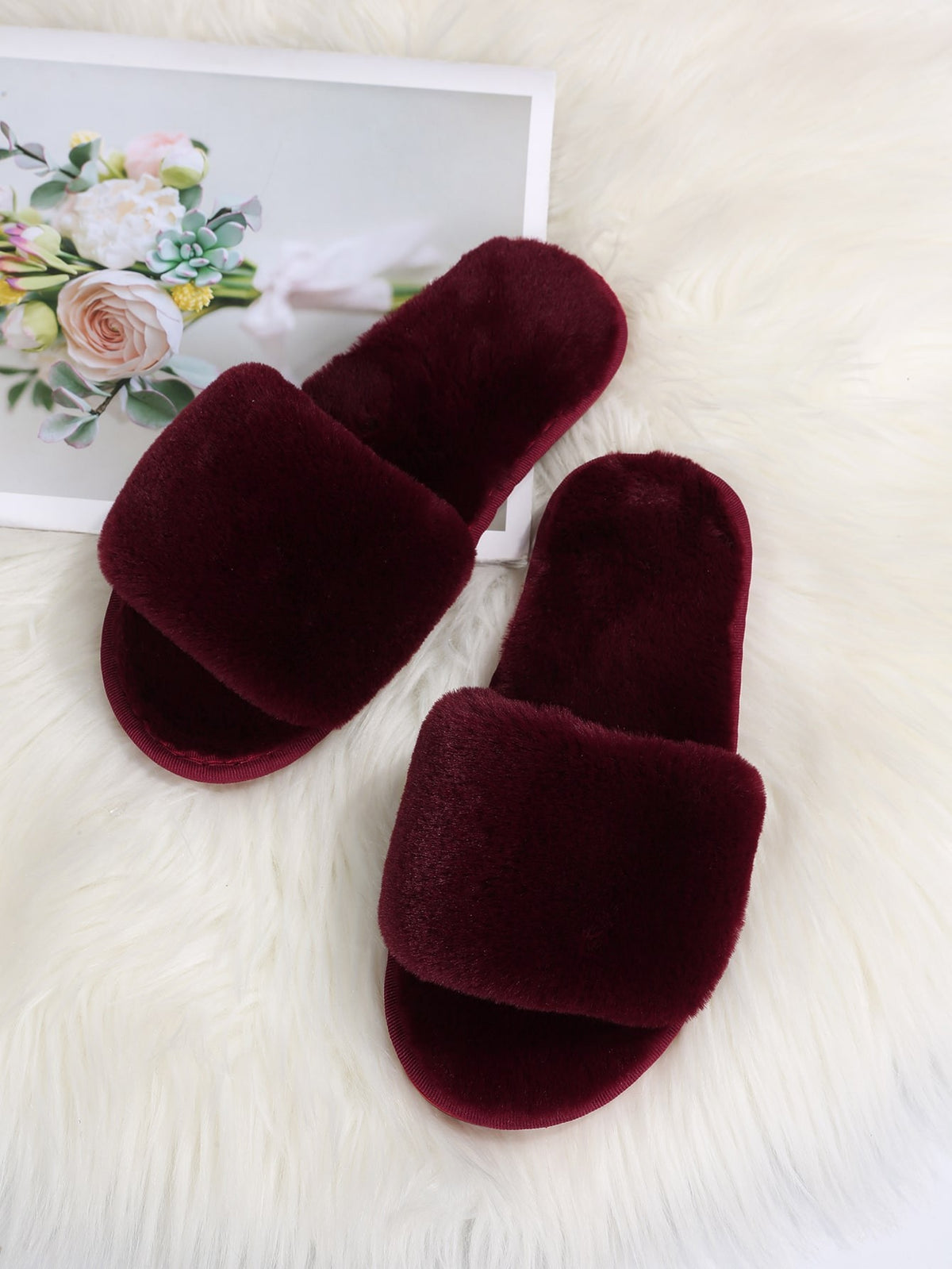 Women's Faux Fur Slide Slippers, Fluffy Open Toe House Slippers, Burgundy, view 3