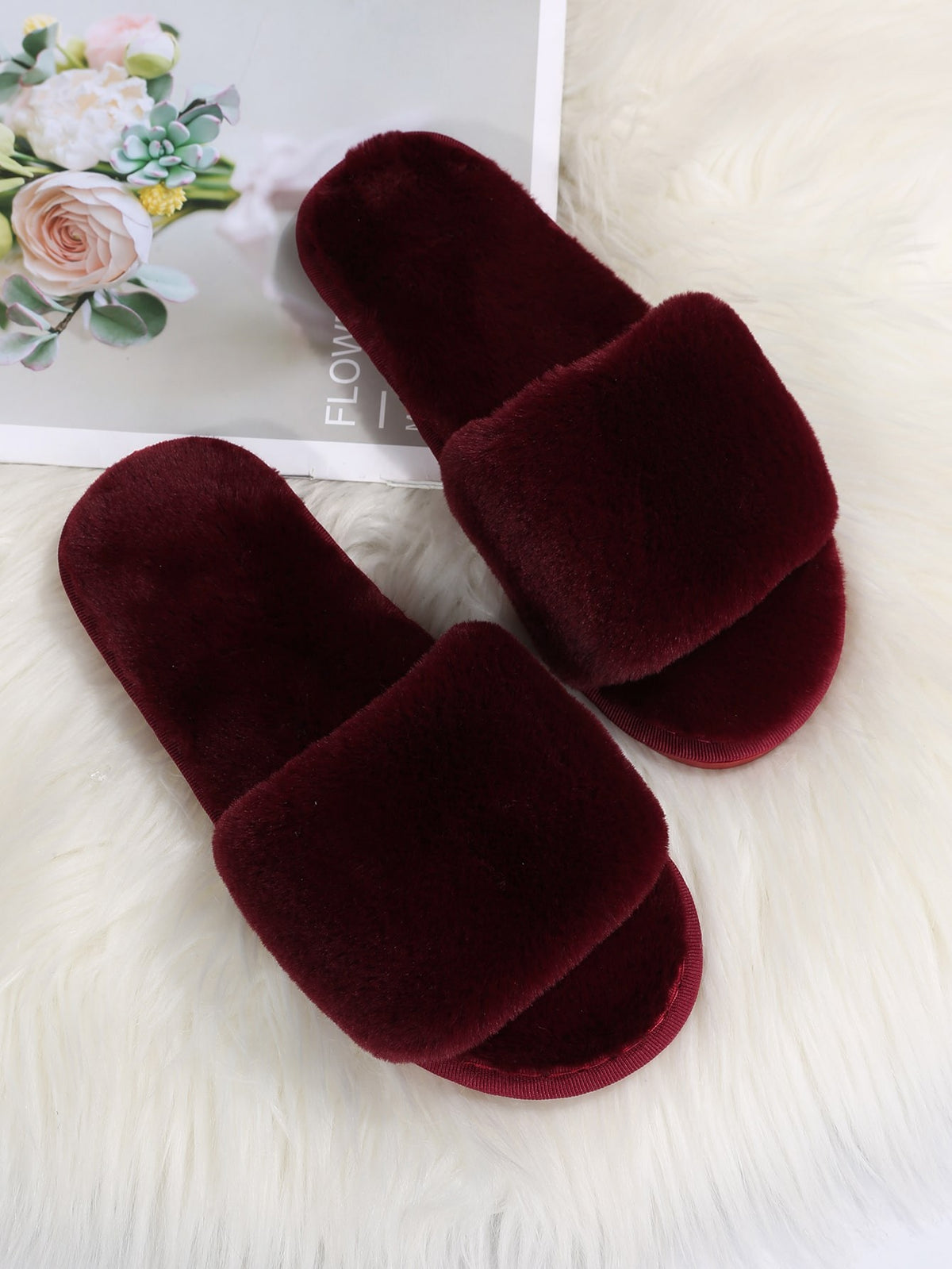 Women's Faux Fur Slide Slippers, Fluffy Open Toe House Slippers, Burgundy, view 6