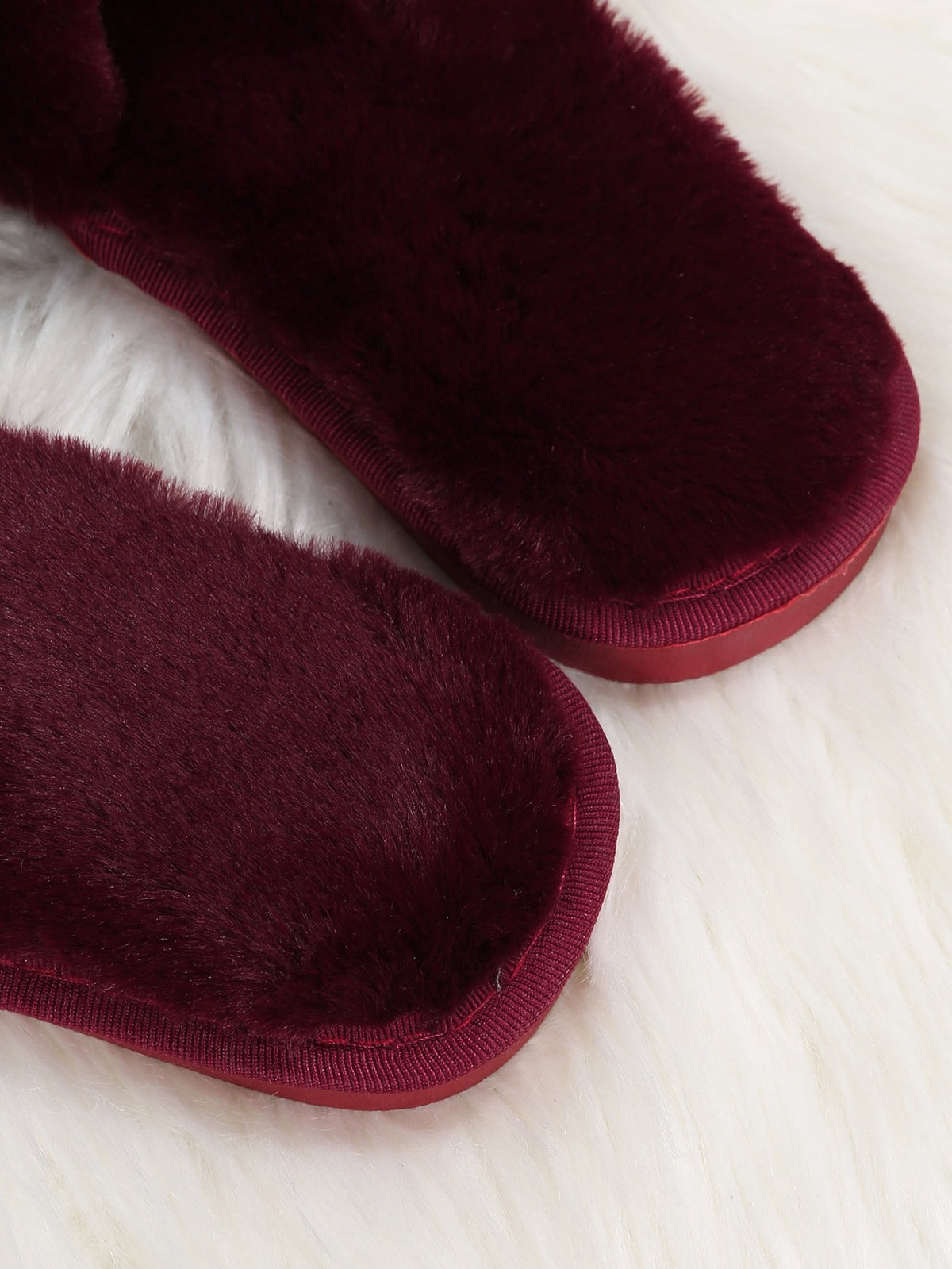 Women's Faux Fur Slide Slippers, Fluffy Open Toe House Slippers, Burgundy, view 4