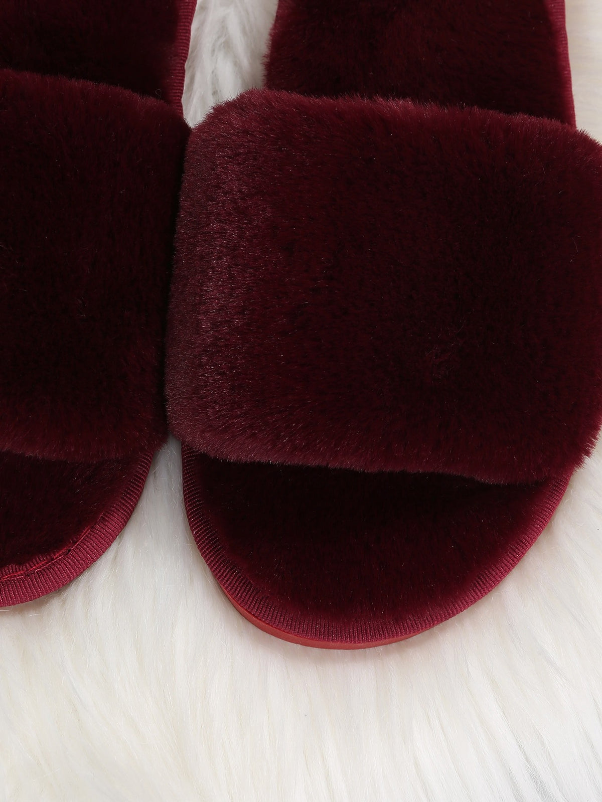 Women's Faux Fur Slide Slippers, Fluffy Open Toe House Slippers, Burgundy, view 5