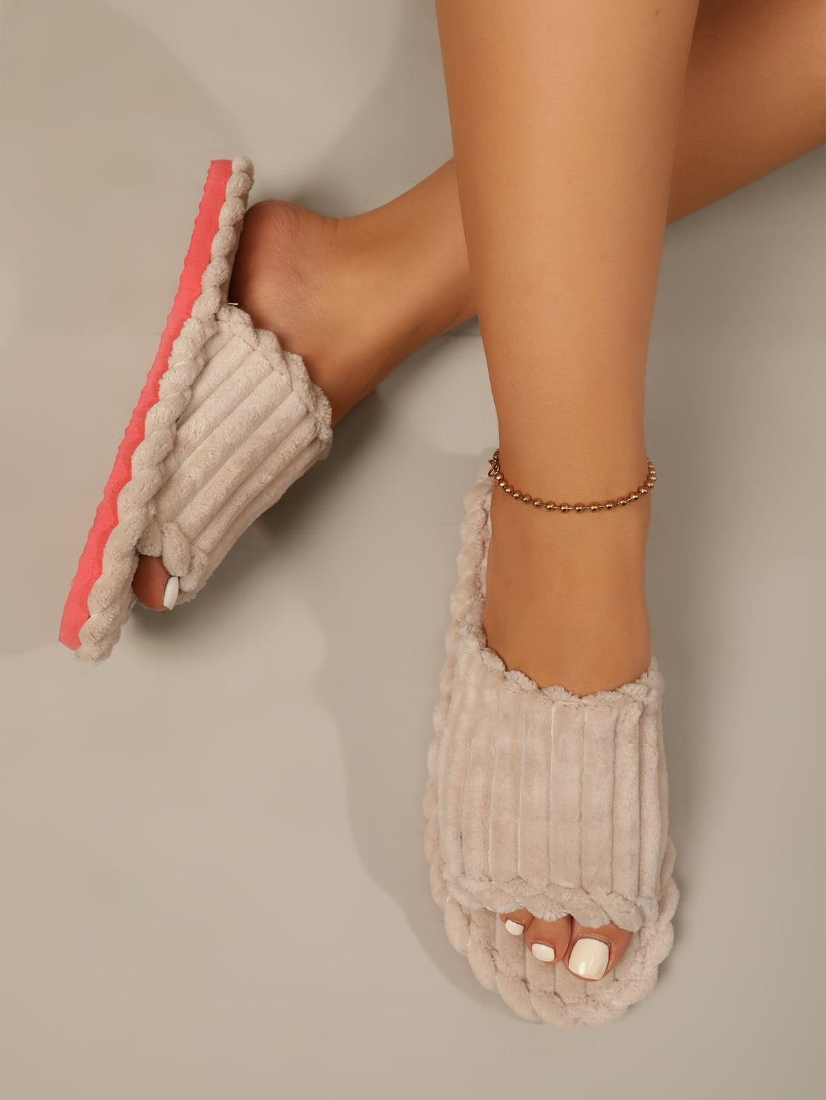 Women's Corduroy Slide Slippers, Open Toe Plush House Slippers with Thick Sole, Beige, view 3