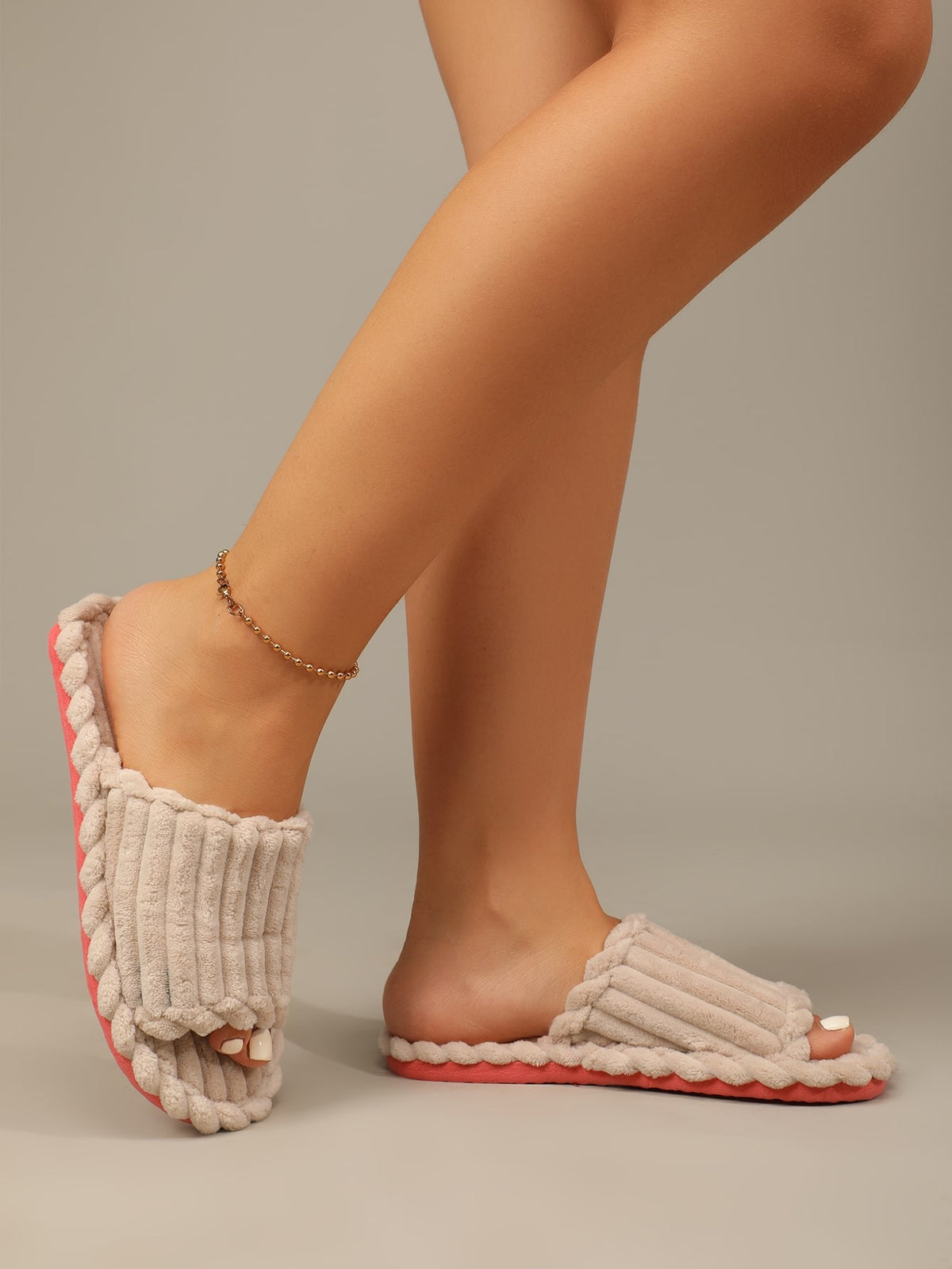 Women's Corduroy Slide Slippers, Open Toe Plush House Slippers with Thick Sole, Beige, view 4