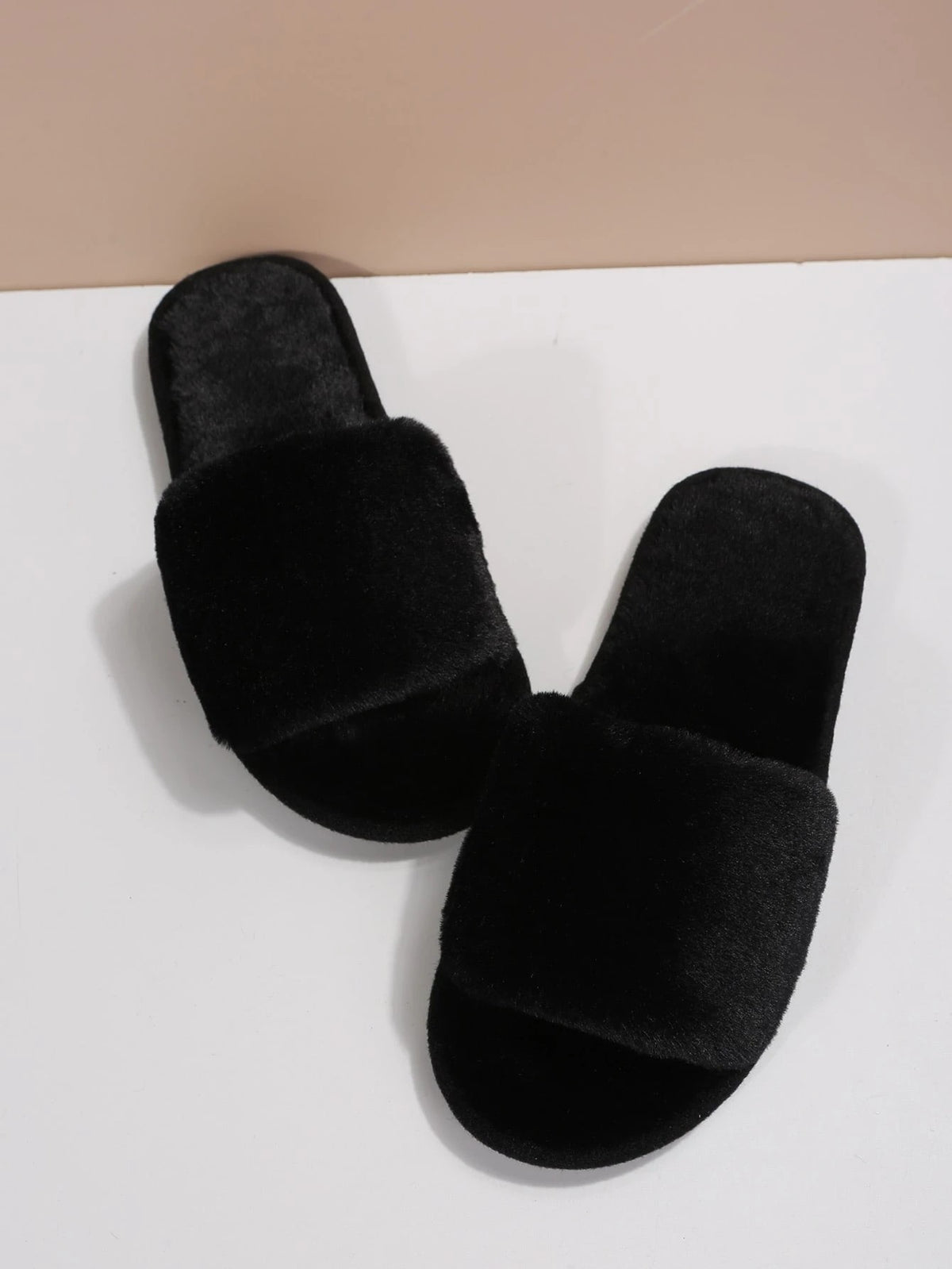 Women's Faux Fur Slide Slippers, Fluffy Open Toe House Slippers, Black, view 3