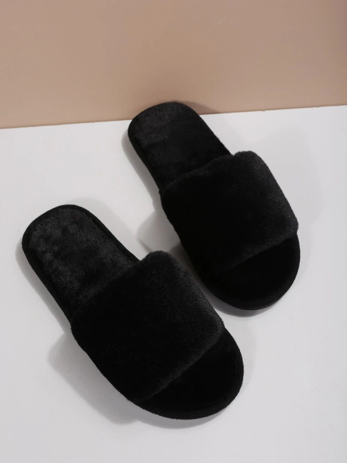 Women's Faux Fur Slide Slippers, Fluffy Open Toe House Slippers, Black, view 4