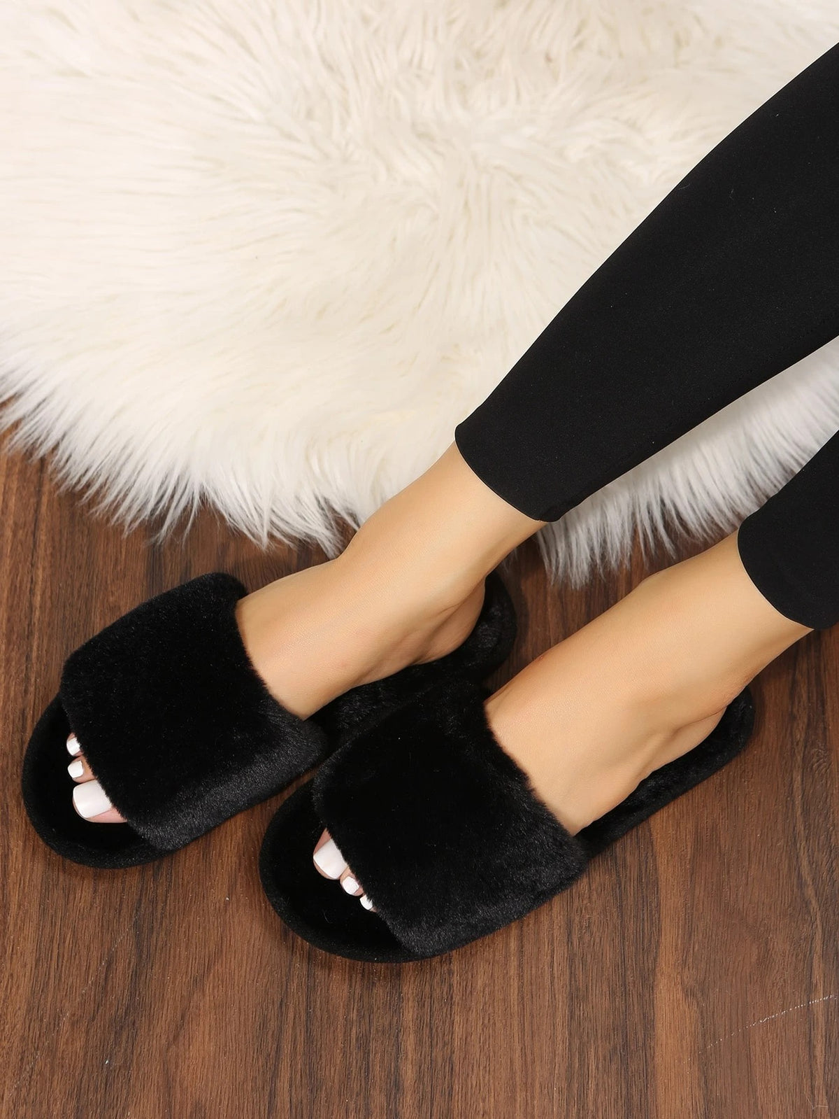 Women's Faux Fur Slide Slippers, Fluffy Open Toe House Slippers, Black, view 5