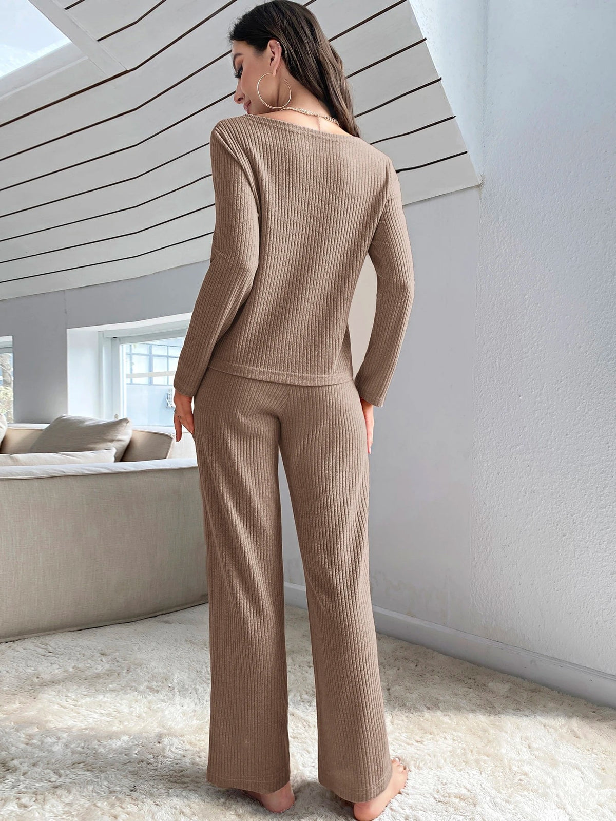 Women's Ribbed Knit Lounge Set, Button-Front Top and Wide Leg Pants, Khaki, Khaki, view 2