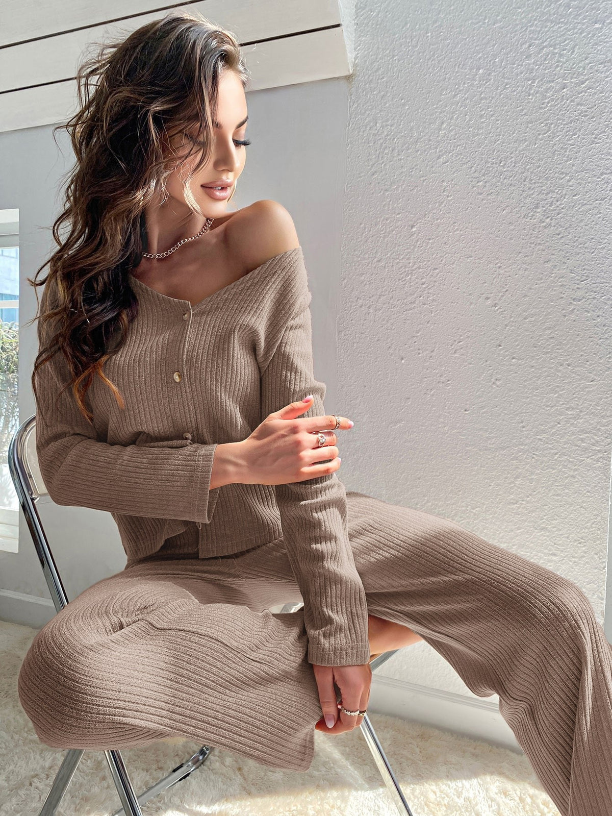 Women's Ribbed Knit Lounge Set, Button-Front Top and Wide Leg Pants, Khaki, Khaki, view 3