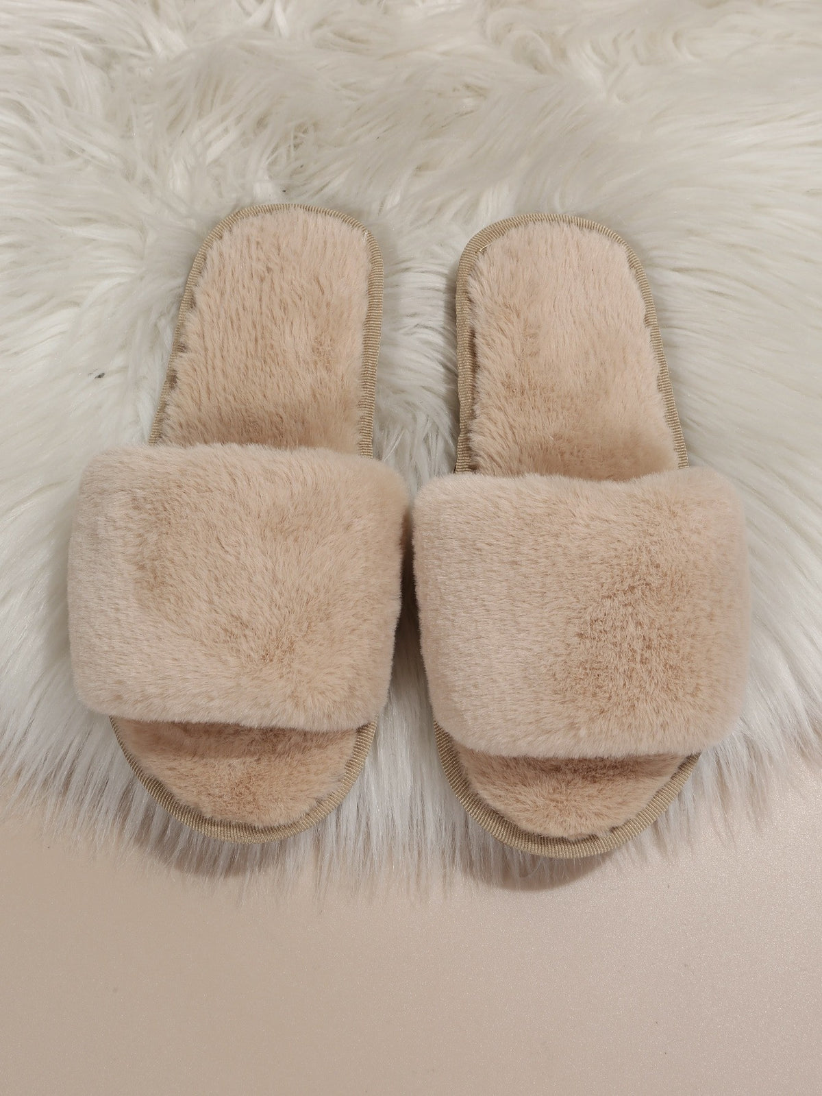 Women's Faux Fur Slide Slippers, Fluffy Open Toe House Slippers, Beige, view 5