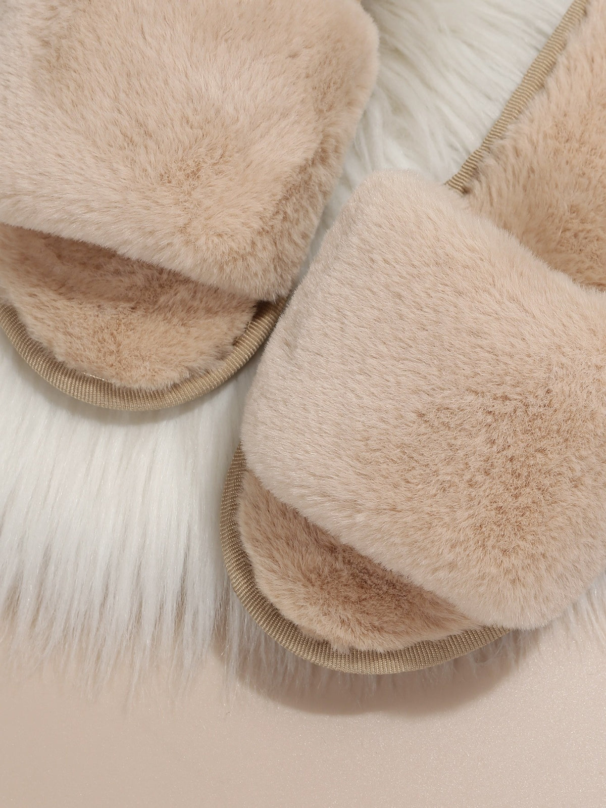 Women's Faux Fur Slide Slippers, Fluffy Open Toe House Slippers, Beige, view 6