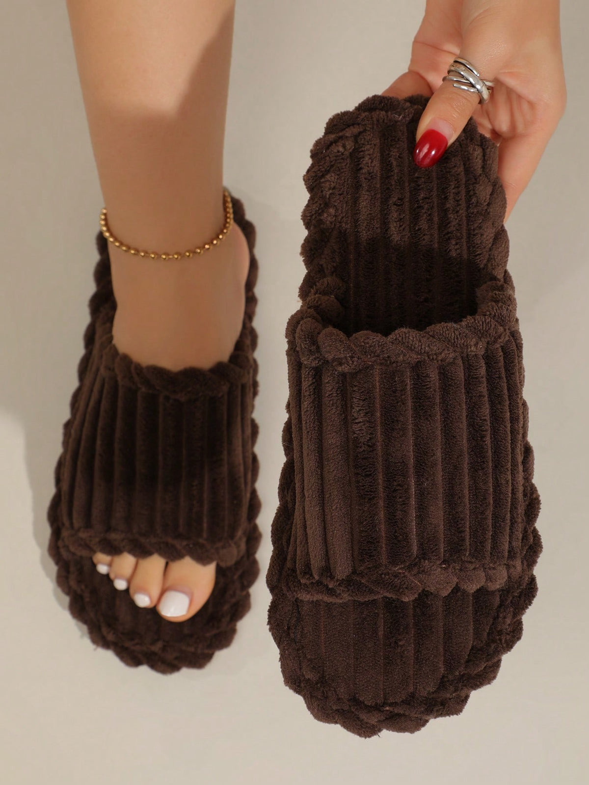 Women's Corduroy Slide Slippers, Open Toe Plush House Slippers with Thick Sole, Chocolate Brown