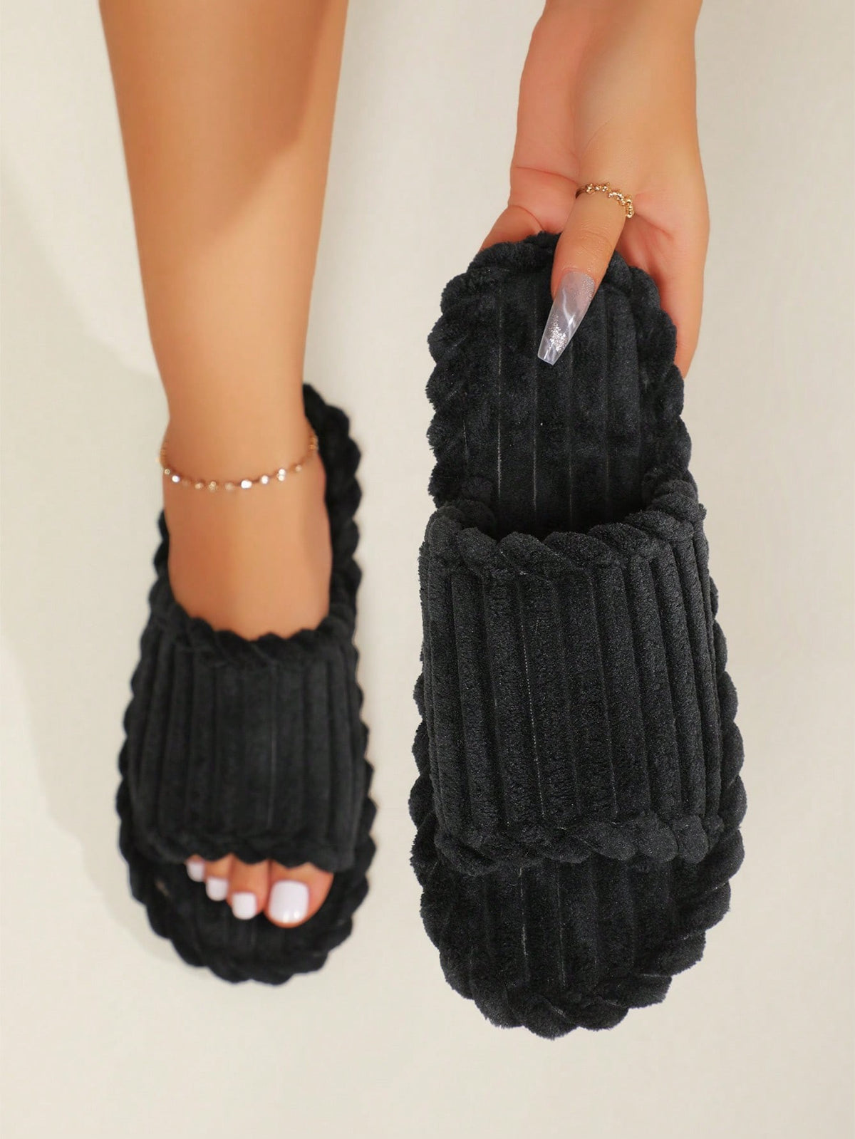 Women's Corduroy Slide Slippers, Open Toe Plush House Slippers with Thick Sole, Black