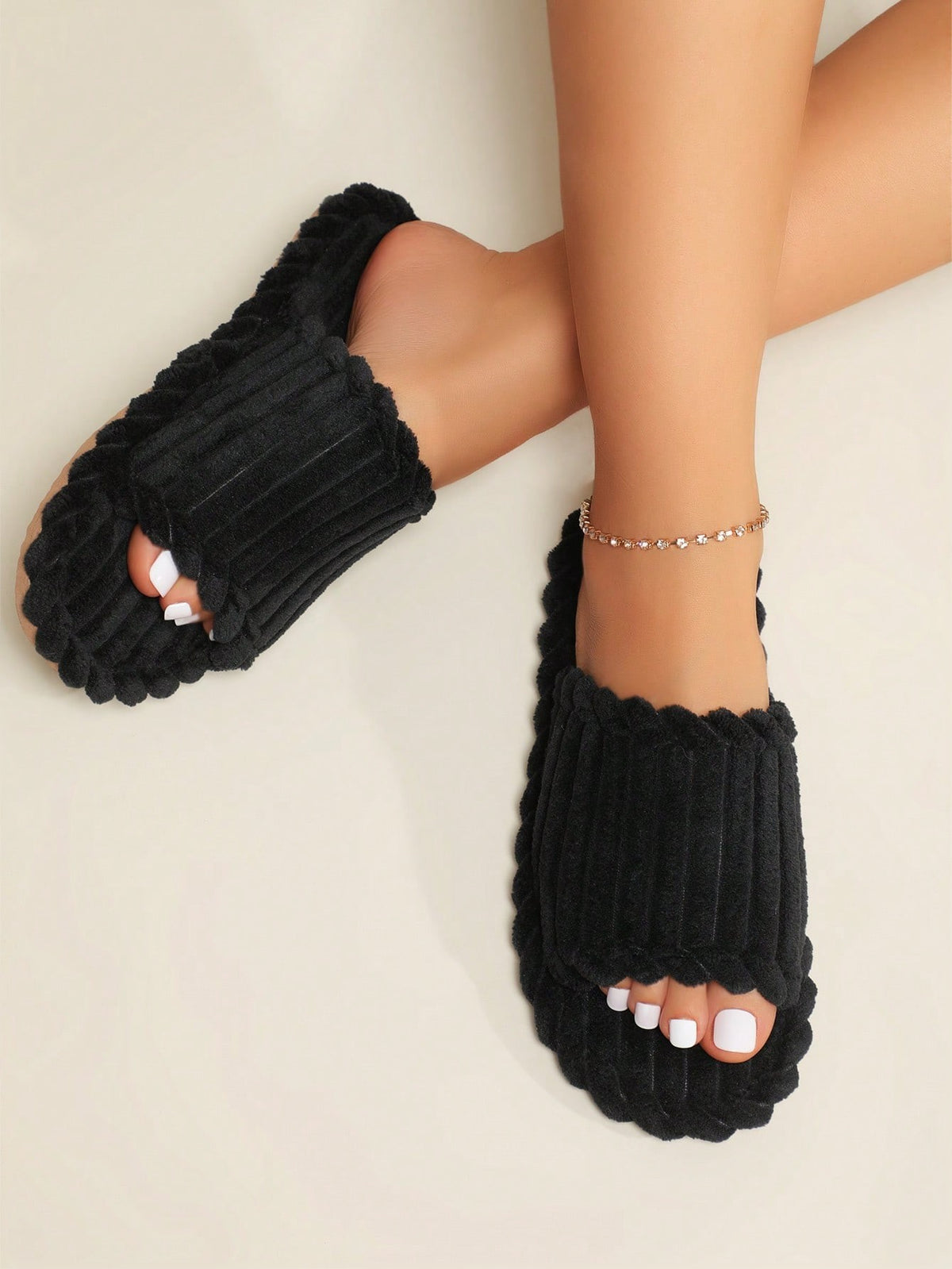 Women's Corduroy Slide Slippers, Open Toe Plush House Slippers with Thick Sole, Black, view 2