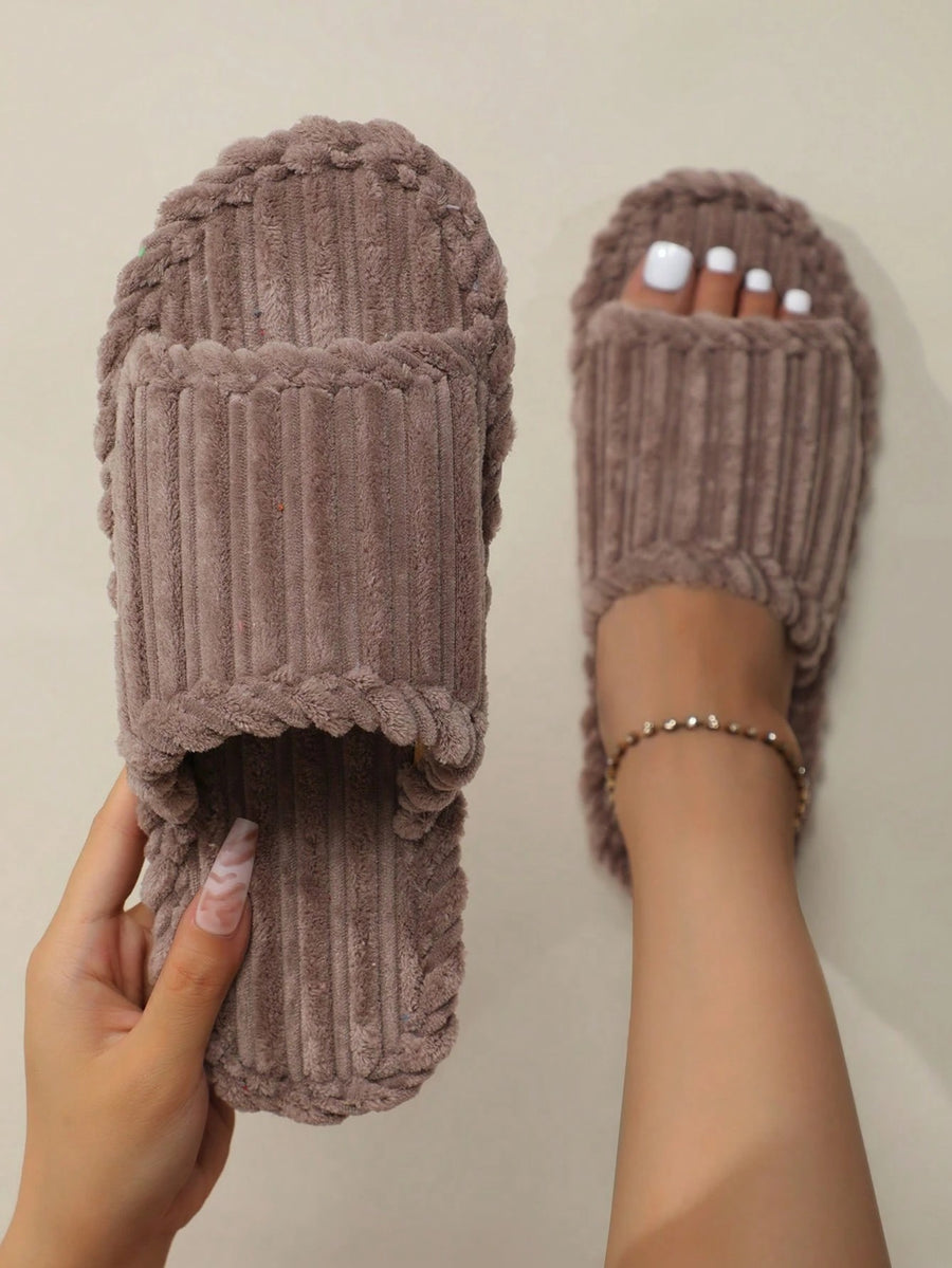 Women's Corduroy Slide Slippers, Open Toe Plush House Slippers with Thick Sole, Brown