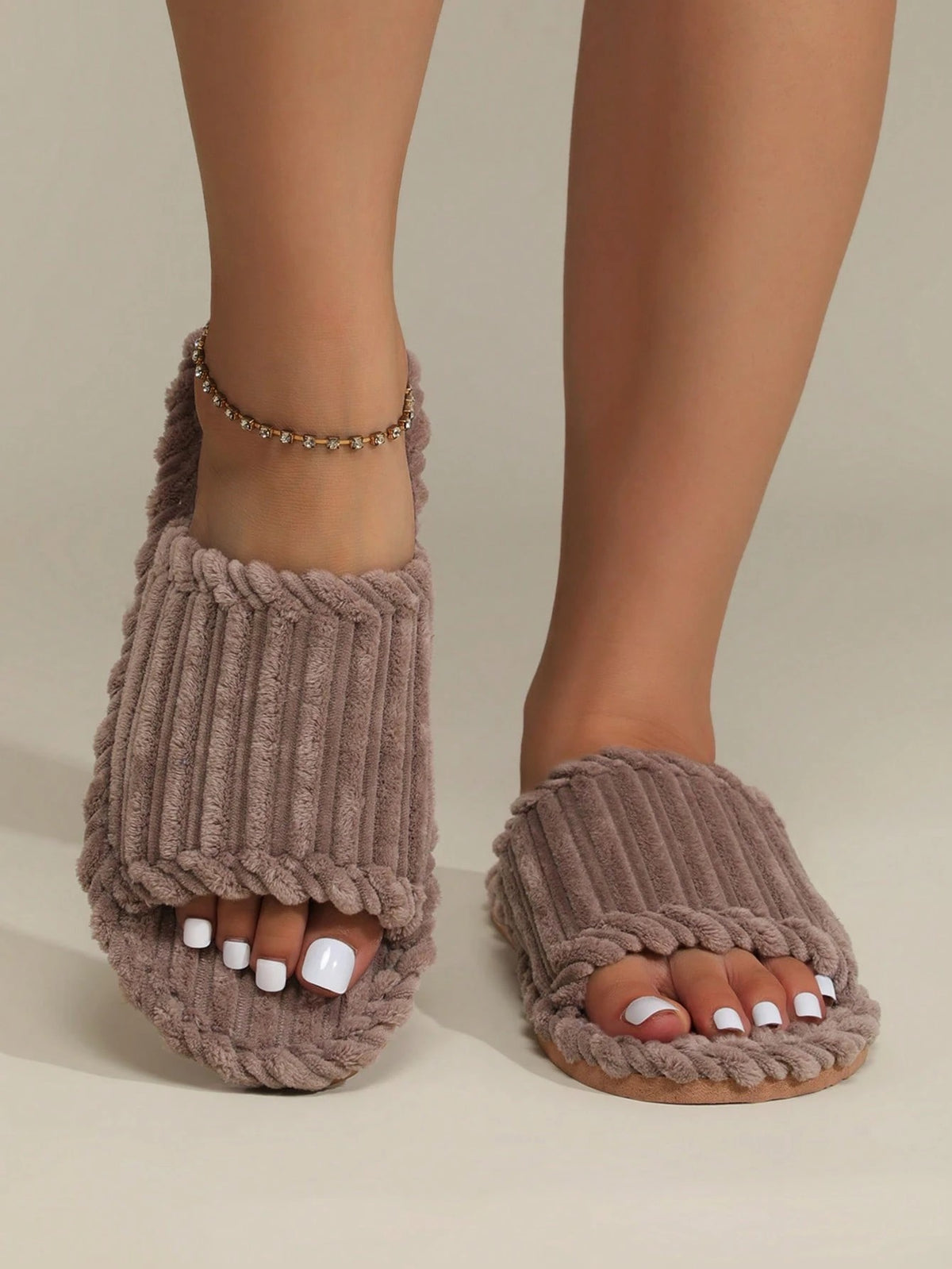 Women's Corduroy Slide Slippers, Open Toe Plush House Slippers with Thick Sole, Brown, view 2