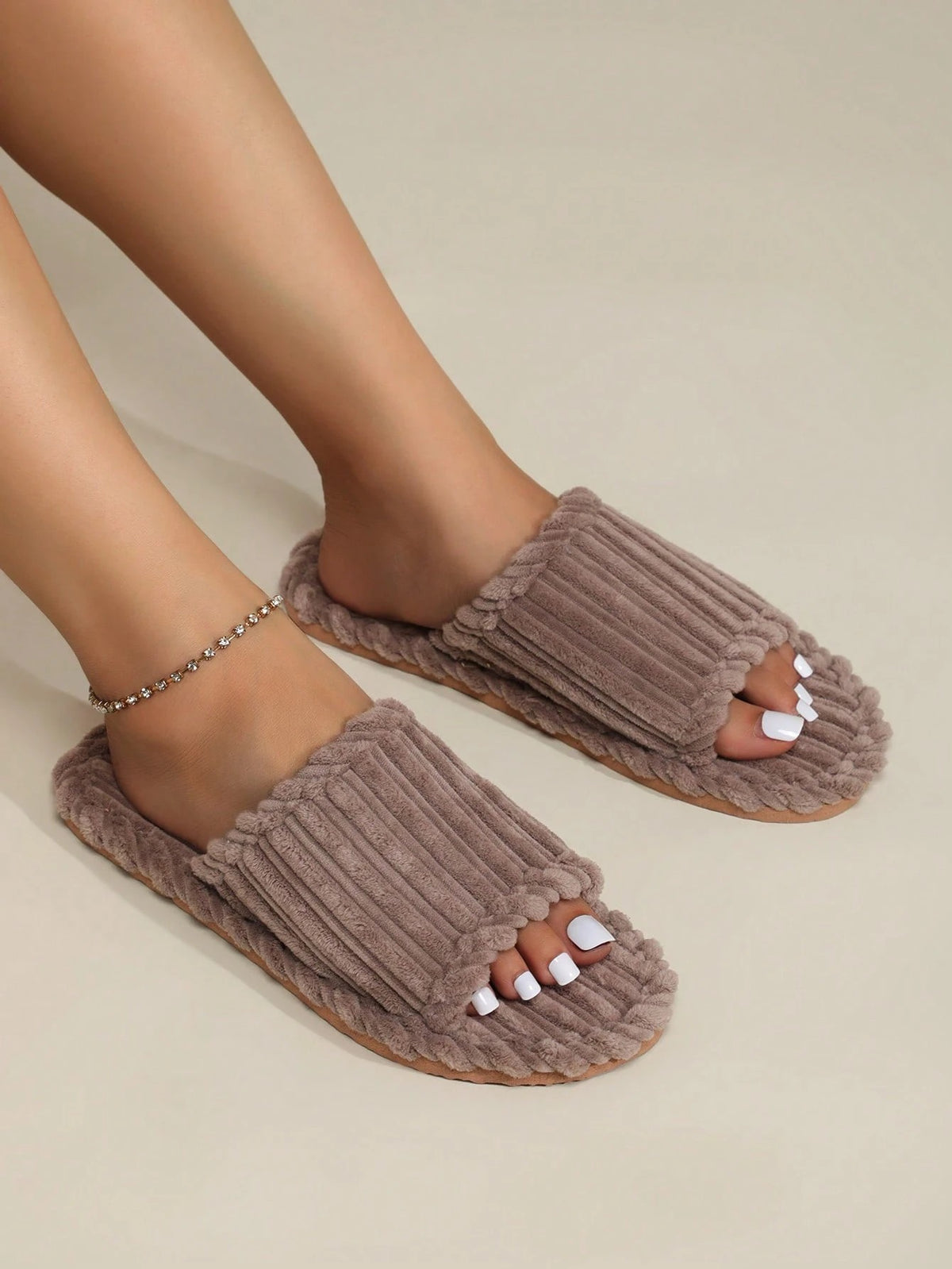 Women's Corduroy Slide Slippers, Open Toe Plush House Slippers with Thick Sole, Brown, view 3