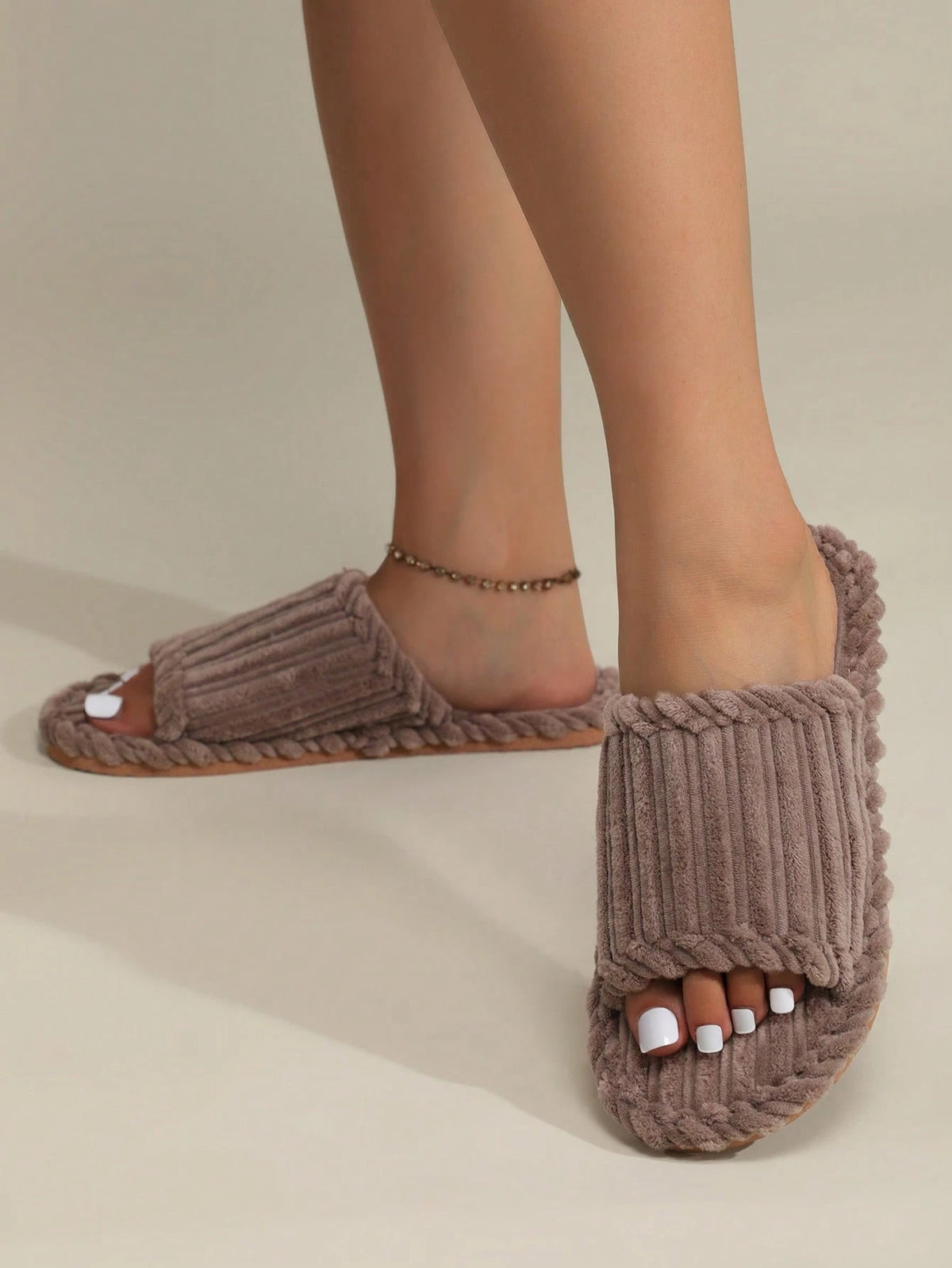 Women's Corduroy Slide Slippers, Open Toe Plush House Slippers with Thick Sole, Brown, view 4