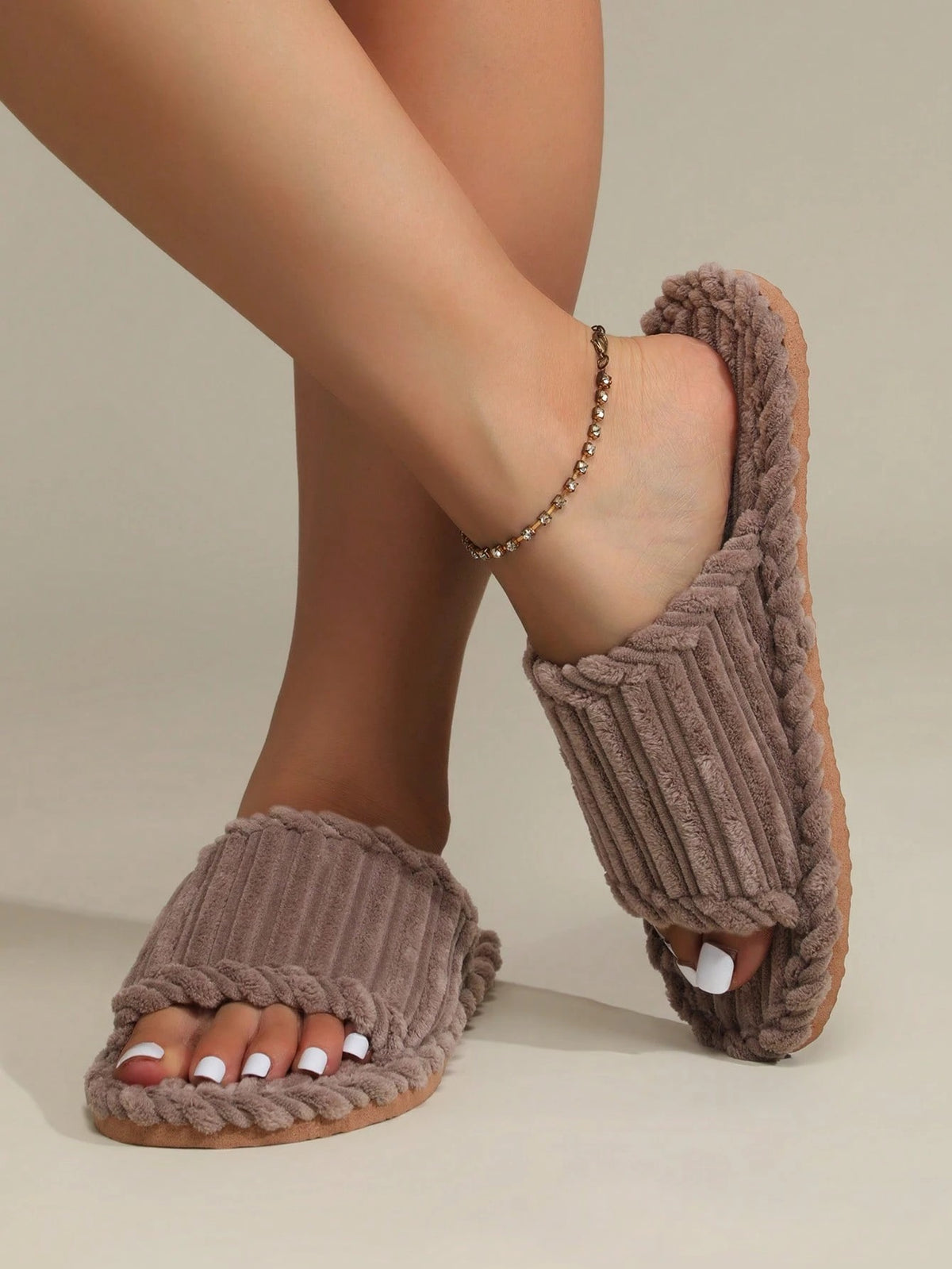 Women's Corduroy Slide Slippers, Open Toe Plush House Slippers with Thick Sole, Brown, view 5