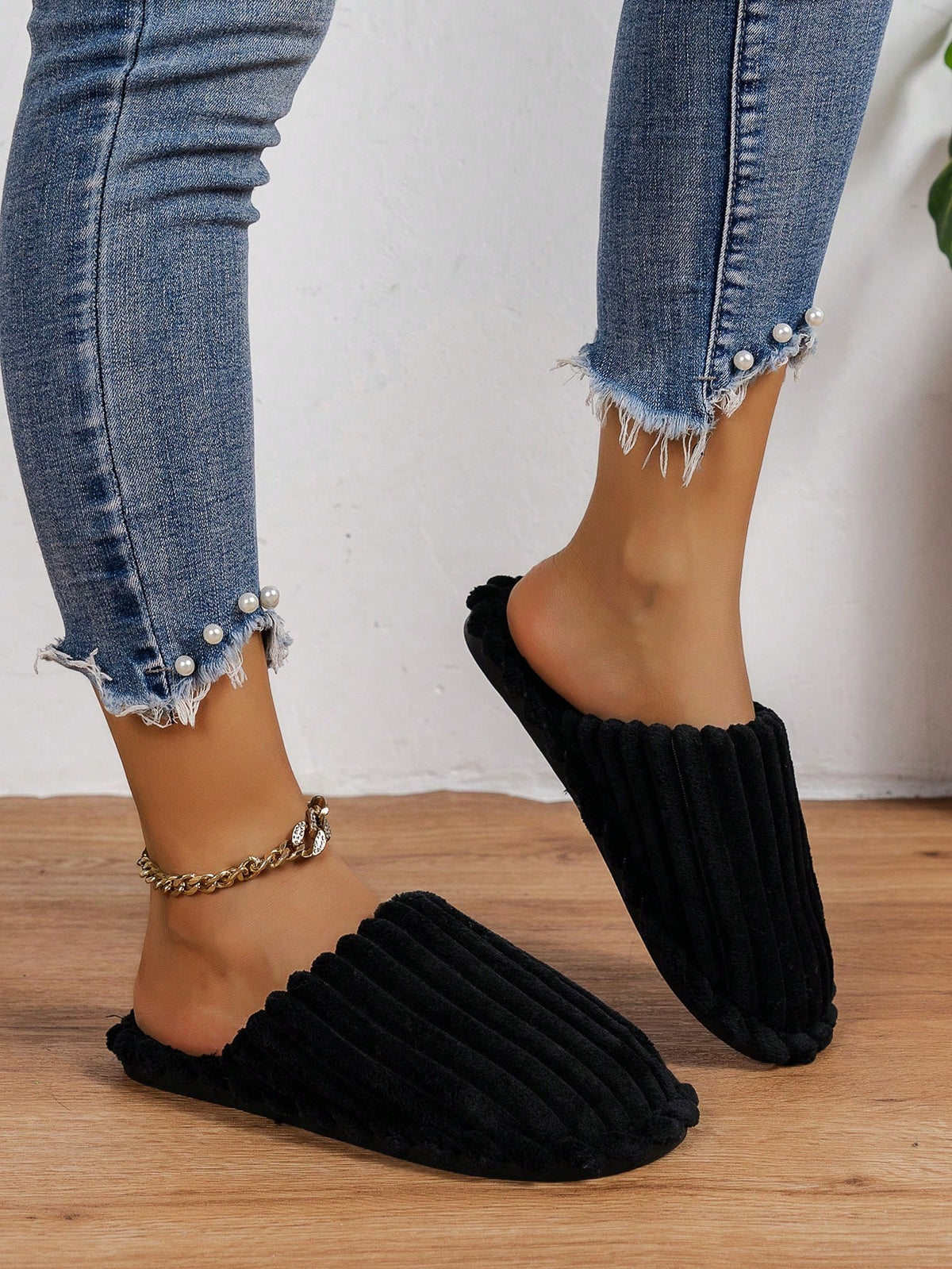 Women's Corduroy Mule Slippers, Closed-Toe Backless House Slippers with Light Sole, Black, view 2