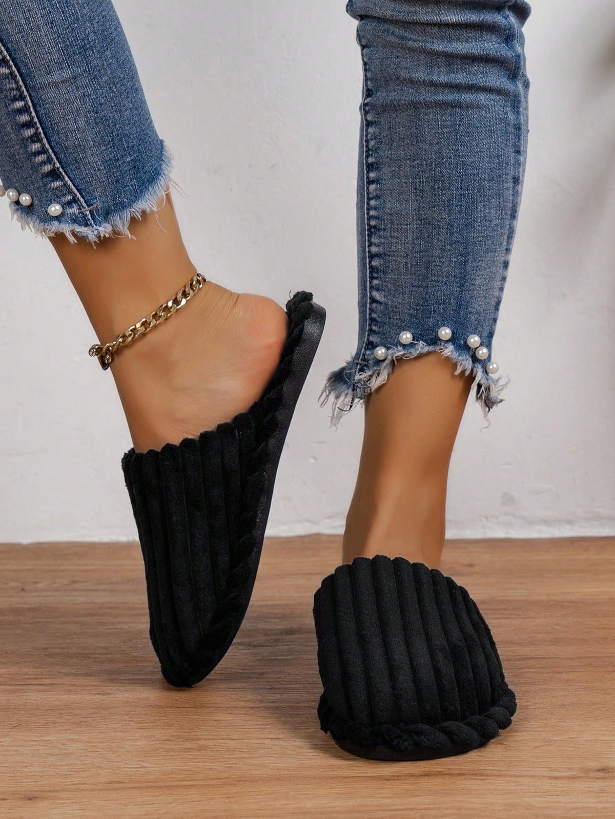 Women's Corduroy Mule Slippers, Closed-Toe Backless House Slippers with Light Sole, Black, view 3