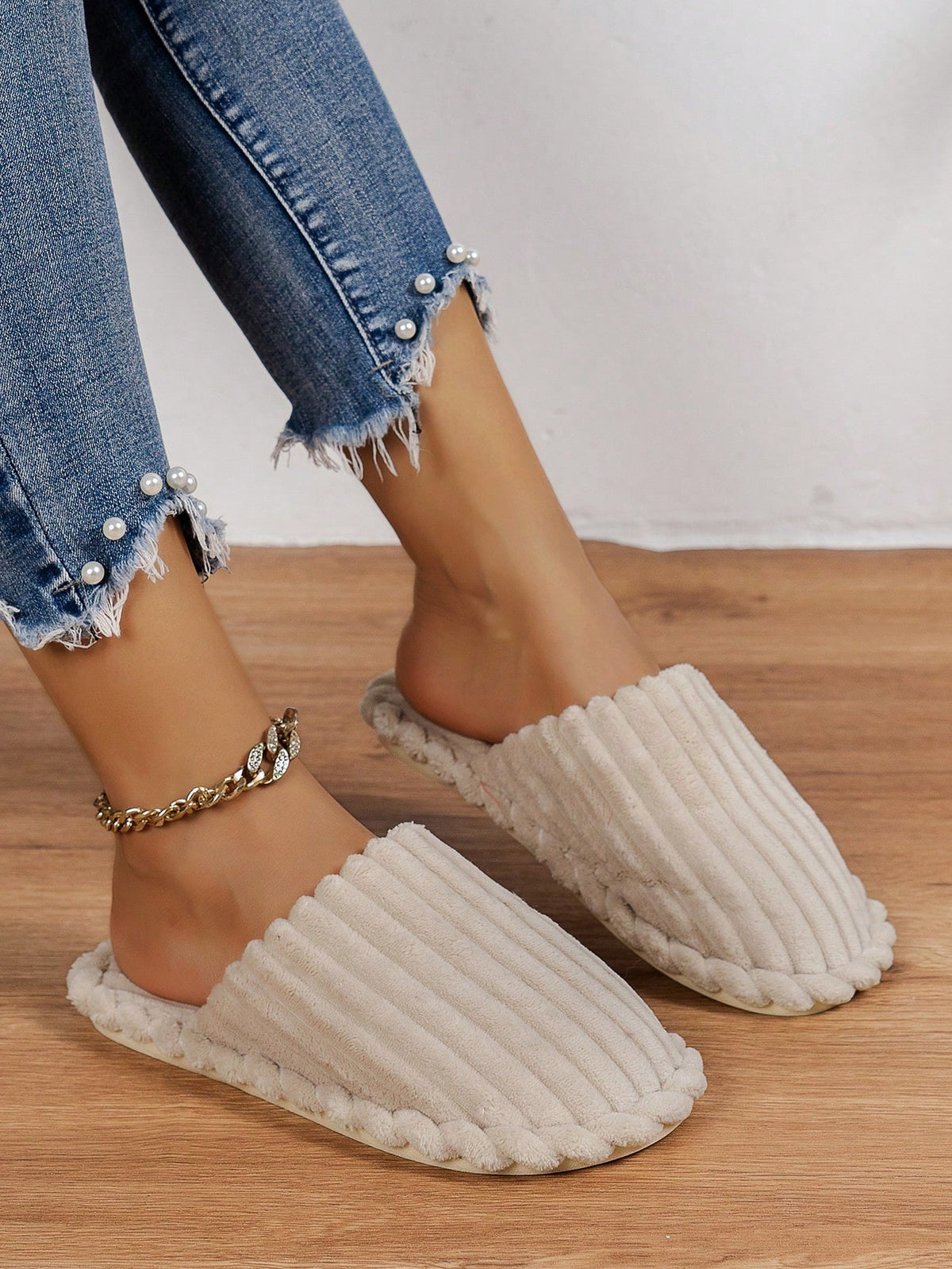 Women's Corduroy Mule Slippers, Closed-Toe Backless House Slippers with Light Sole, Cream, view 2