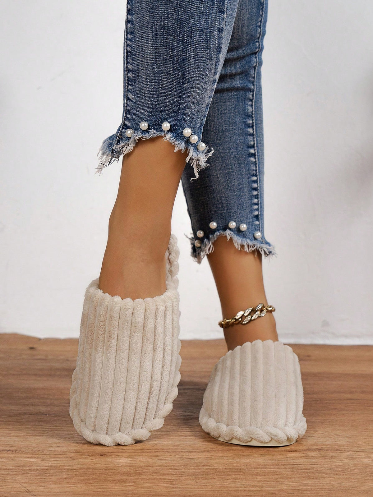 Women's Corduroy Mule Slippers, Closed-Toe Backless House Slippers with Light Sole, Cream, view 3
