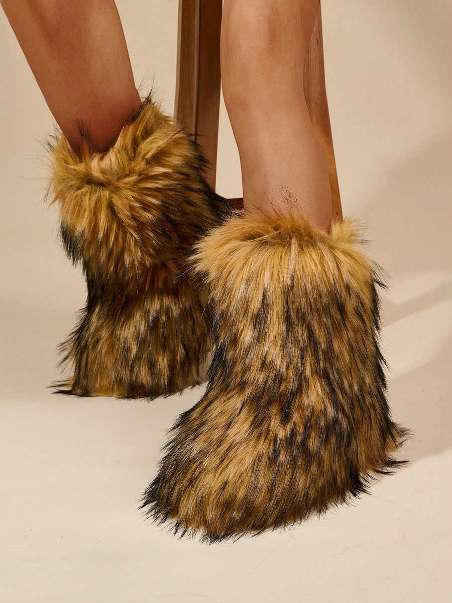 Women's Faux Fur Boots, Fluffy Mid-Calf Winter Boots with Warm Lining, Brown