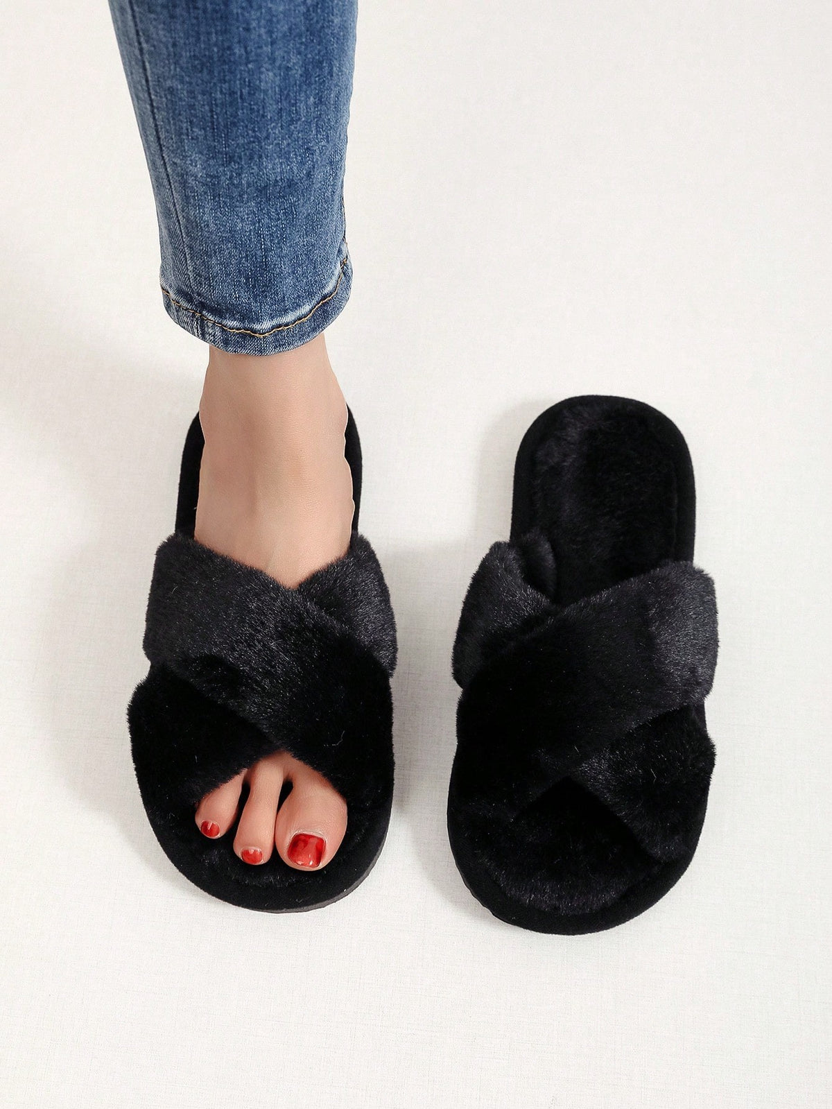 Women's Fuzzy Cross Band Slippers, Open Toe Plush House Slides with Quiet Sole, Black, view 2