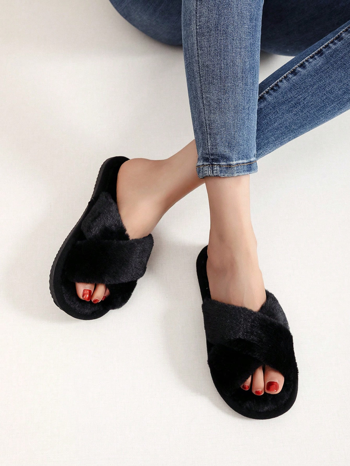 Women's Fuzzy Cross Band Slippers, Open Toe Plush House Slides with Quiet Sole, Black, view 3