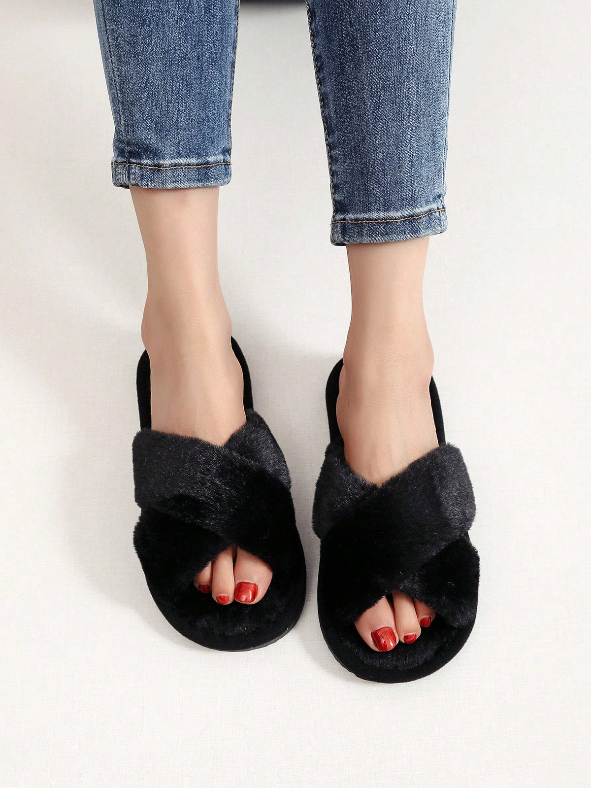 Women's Fuzzy Cross Band Slippers, Open Toe Plush House Slides with Quiet Sole, Black, view 4
