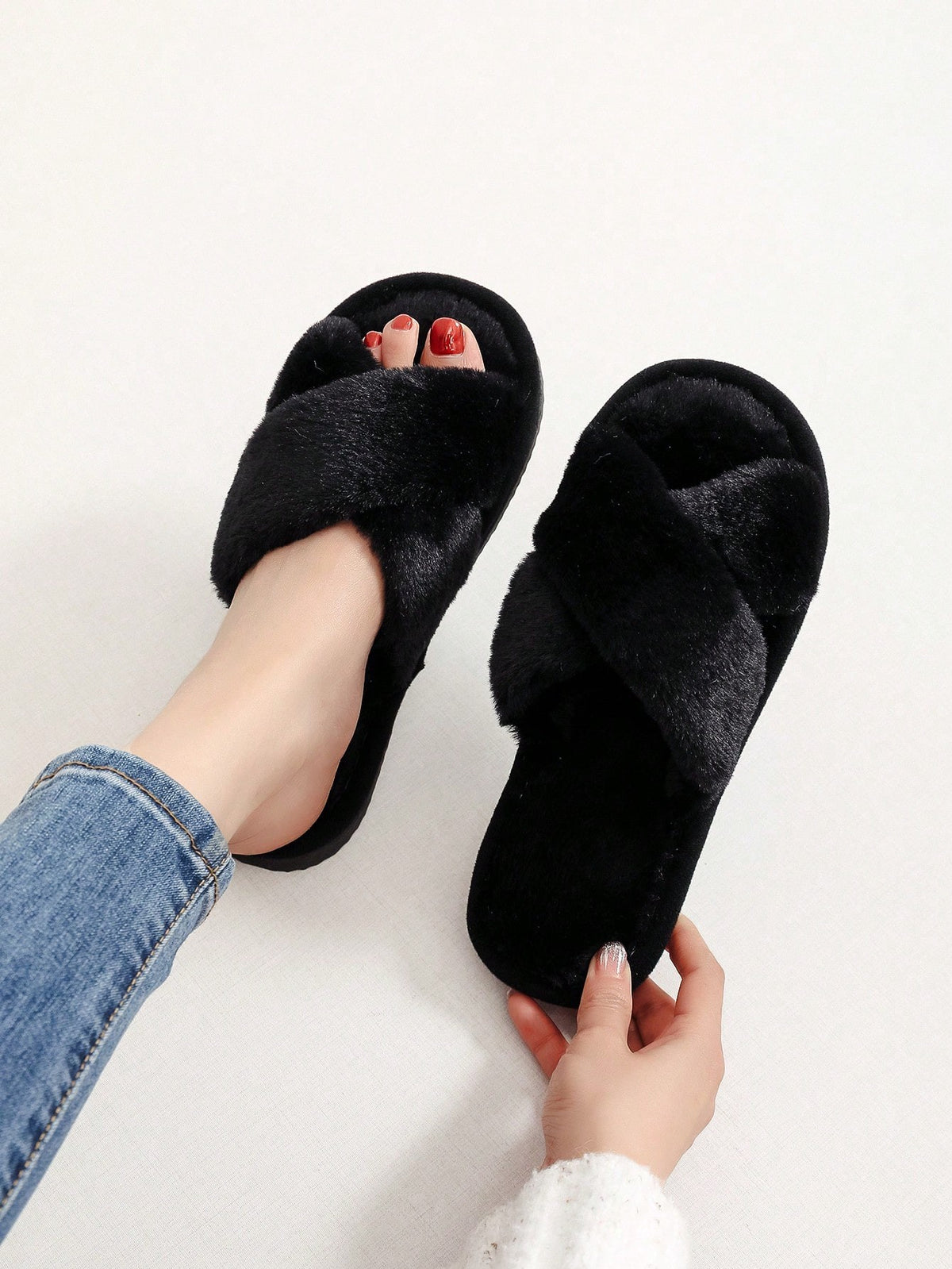 Women's Fuzzy Cross Band Slippers, Open Toe Plush House Slides with Quiet Sole, Black, view 5