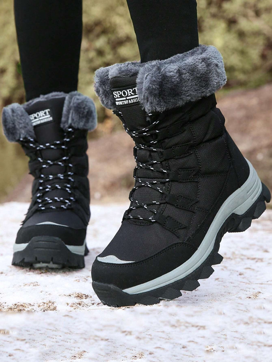 Women's Lace-Up Snow Boots with Faux Fur Collar, Thermal Lined Mid-Calf Winter Boots, Black