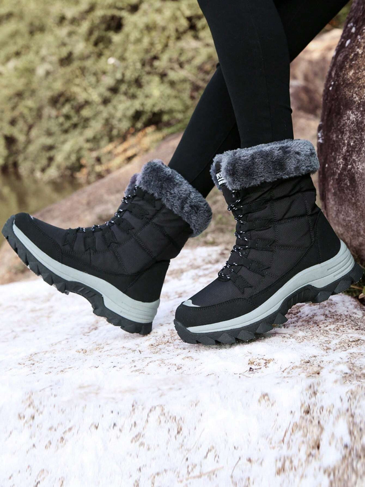 Women's Lace-Up Snow Boots with Faux Fur Collar, Thermal Lined Mid-Calf Winter Boots, Black, view 2