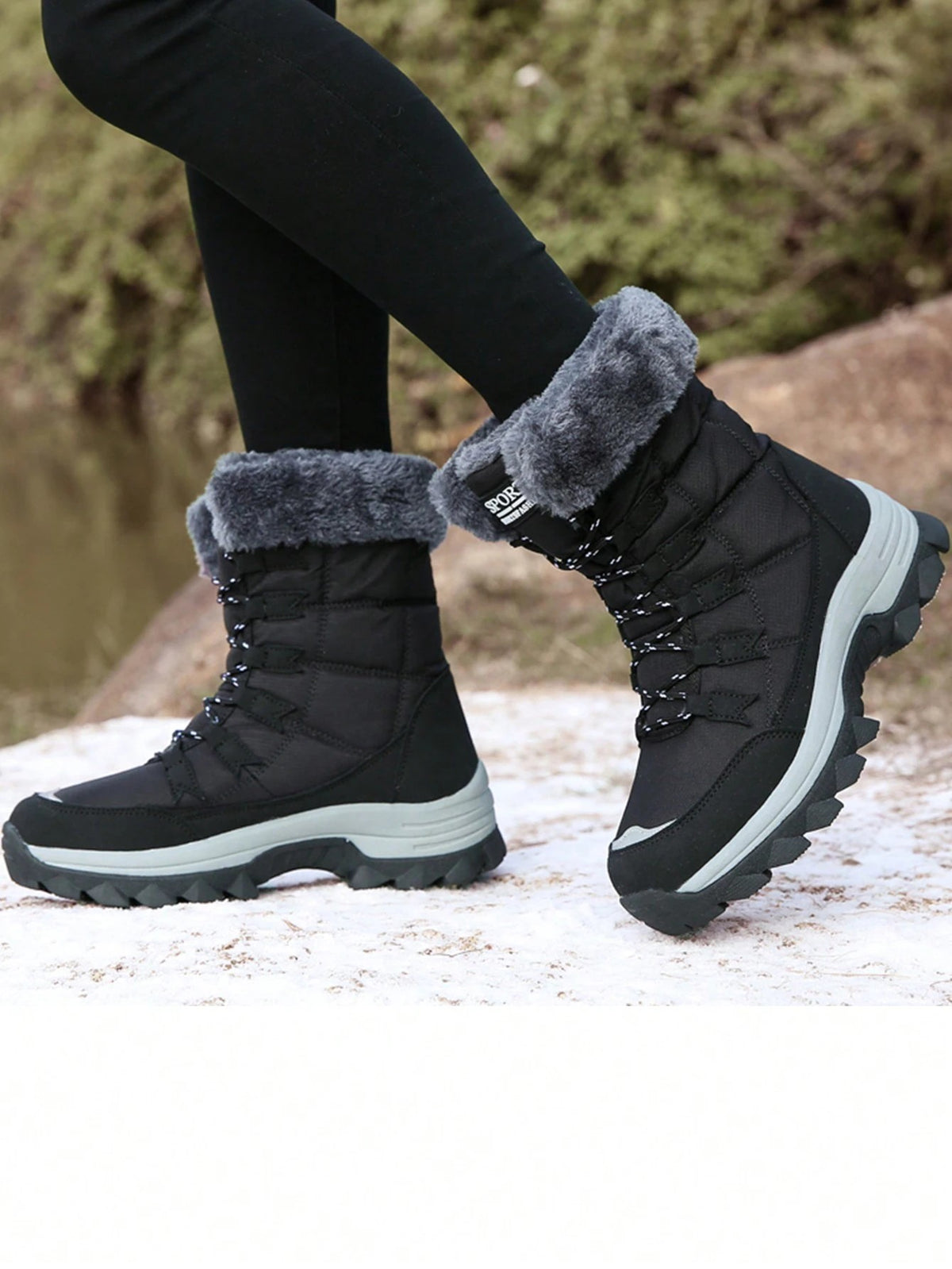 Women's Lace-Up Snow Boots with Faux Fur Collar, Thermal Lined Mid-Calf Winter Boots, Black, view 3