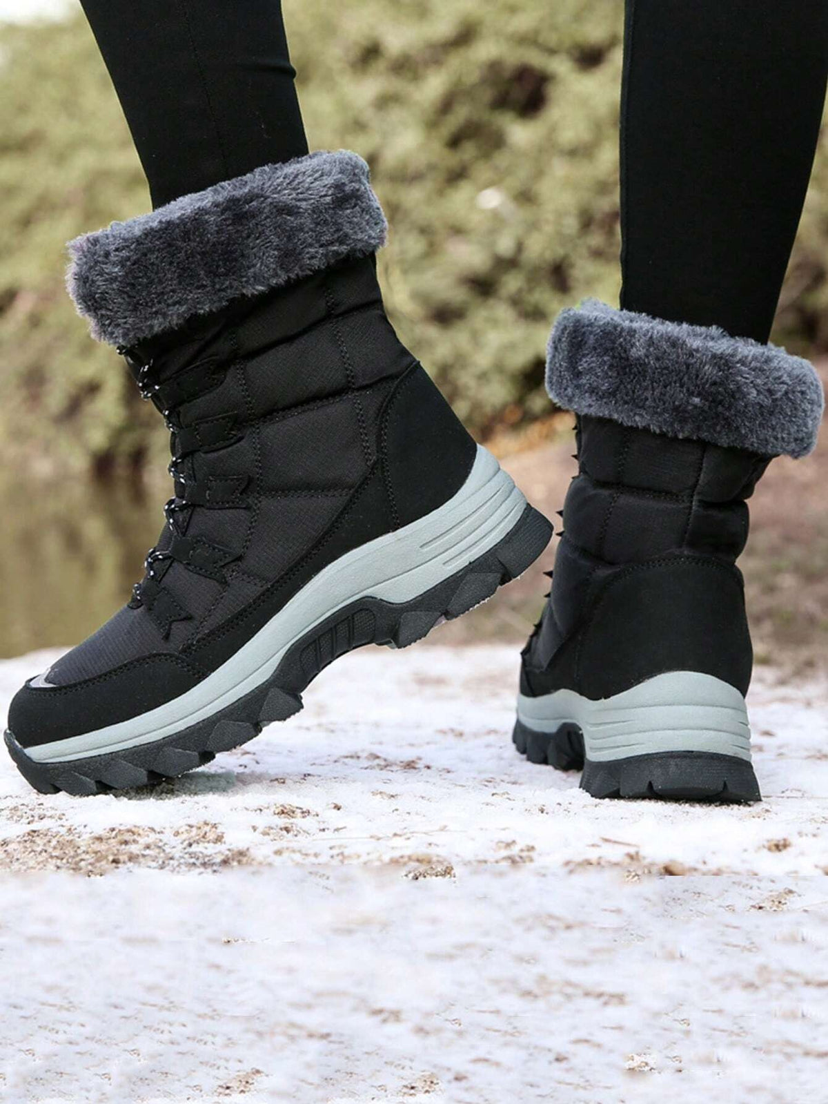 Women's Lace-Up Snow Boots with Faux Fur Collar, Thermal Lined Mid-Calf Winter Boots, Black, view 4