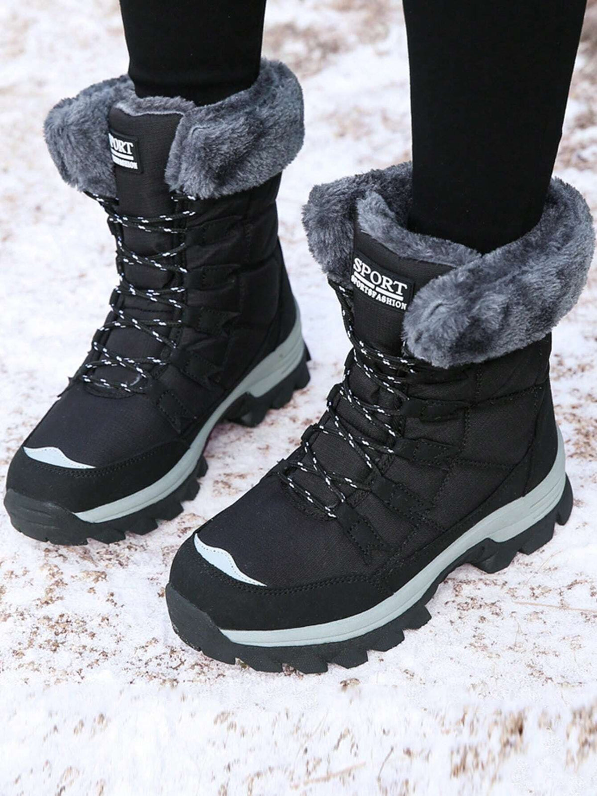 Women's Lace-Up Snow Boots with Faux Fur Collar, Thermal Lined Mid-Calf Winter Boots, Black, view 5