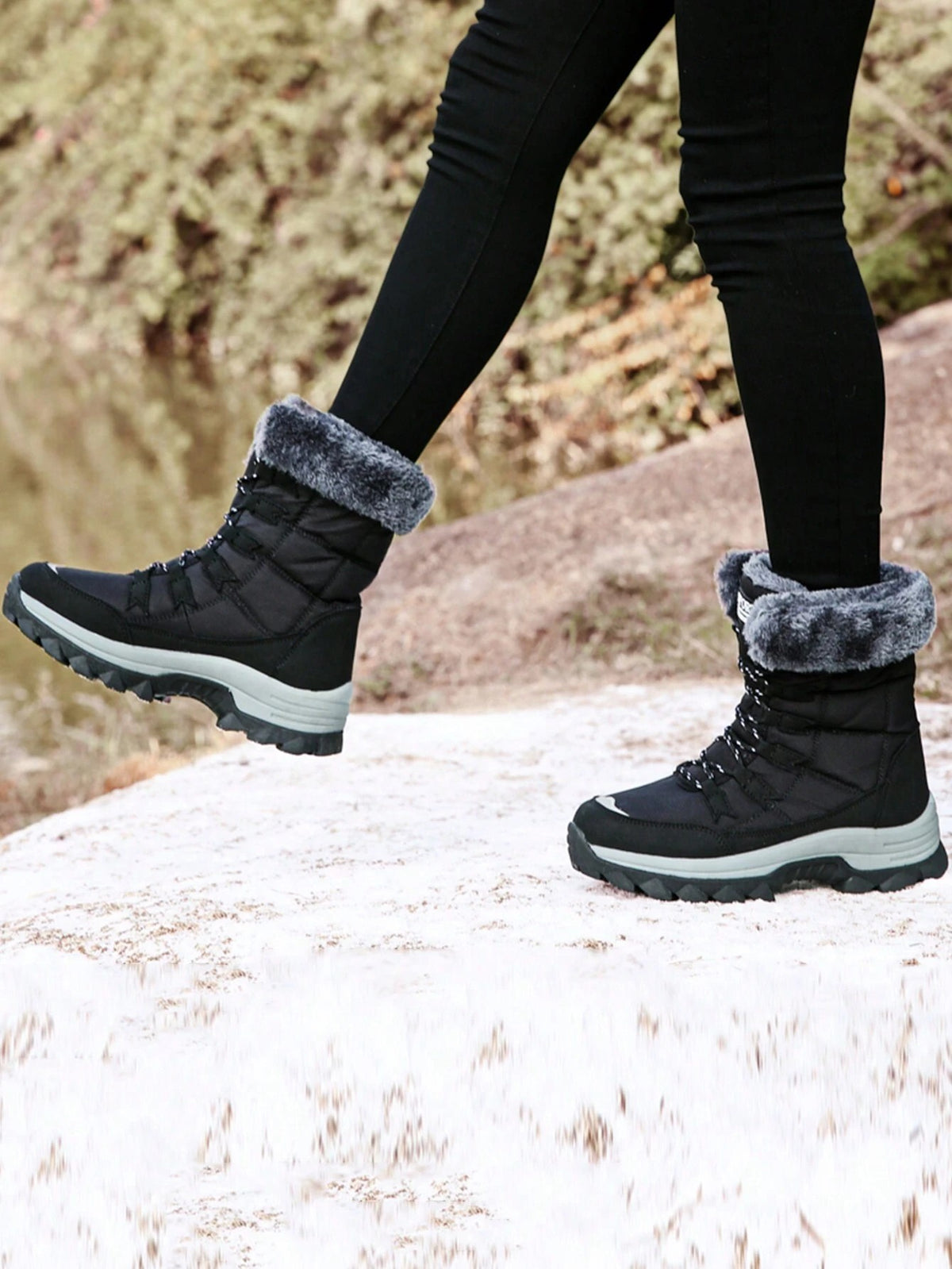 Women's Lace-Up Snow Boots with Faux Fur Collar, Thermal Lined Mid-Calf Winter Boots, Black, view 6