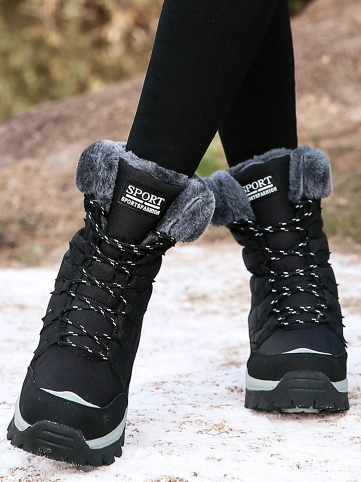 Women's Lace-Up Snow Boots with Faux Fur Collar, Thermal Lined Mid-Calf Winter Boots, Black, view 7