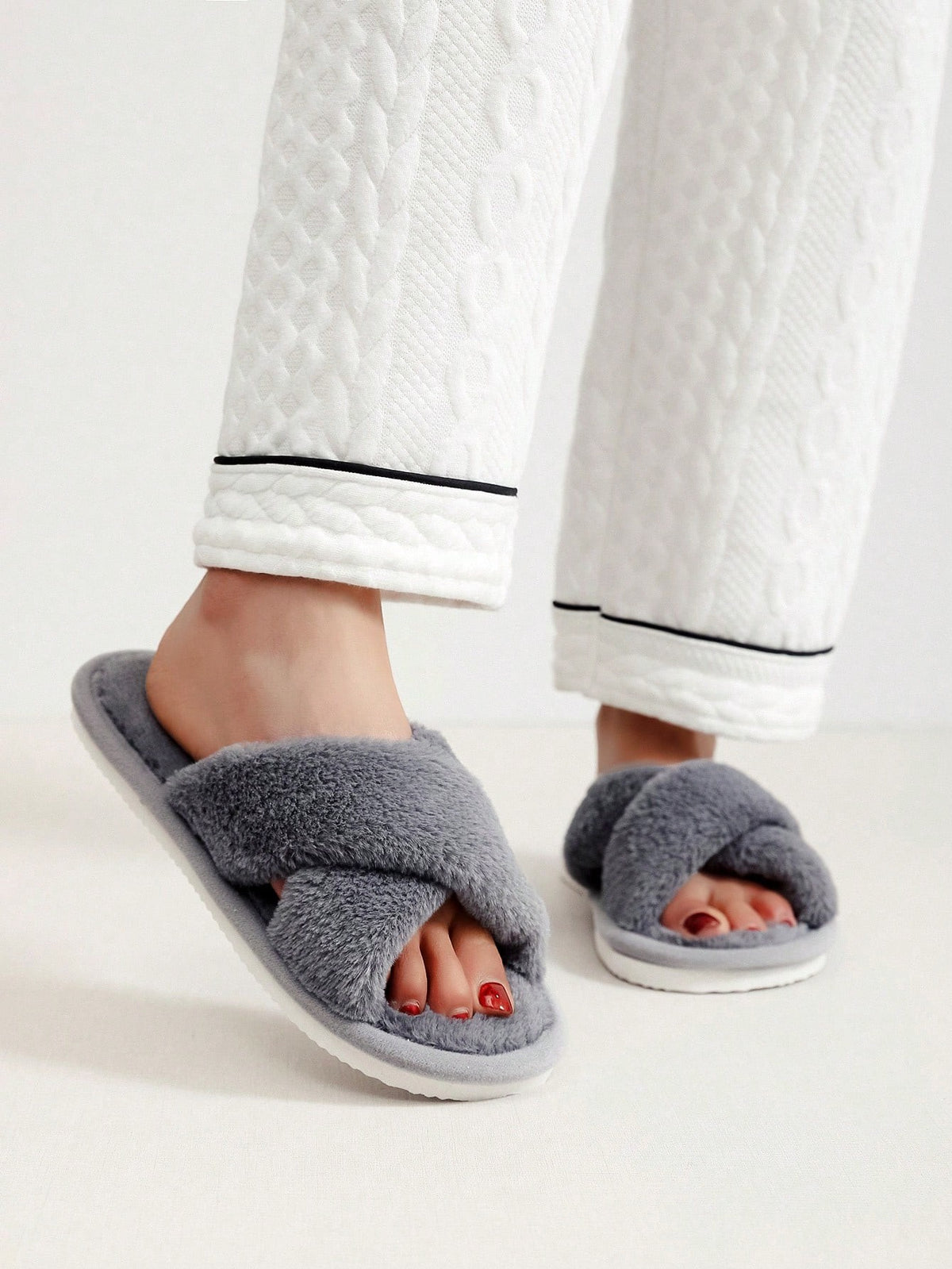 Women's Fuzzy Cross Band Slippers, Open Toe Plush House Slides with Quiet Sole, Gray, view 2