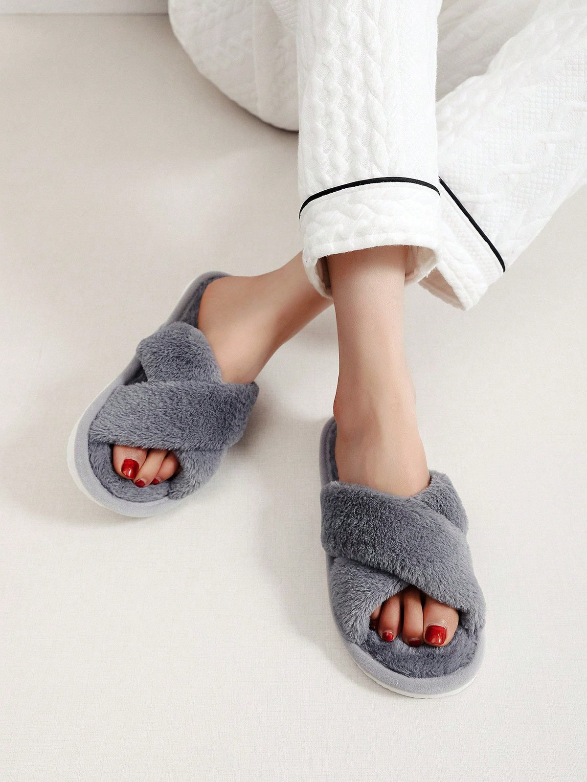 Women's Fuzzy Cross Band Slippers, Open Toe Plush House Slides with Quiet Sole, Gray, view 3