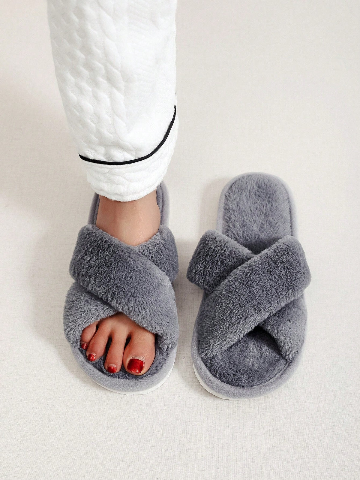 Women's Fuzzy Cross Band Slippers, Open Toe Plush House Slides with Quiet Sole, Gray, view 4