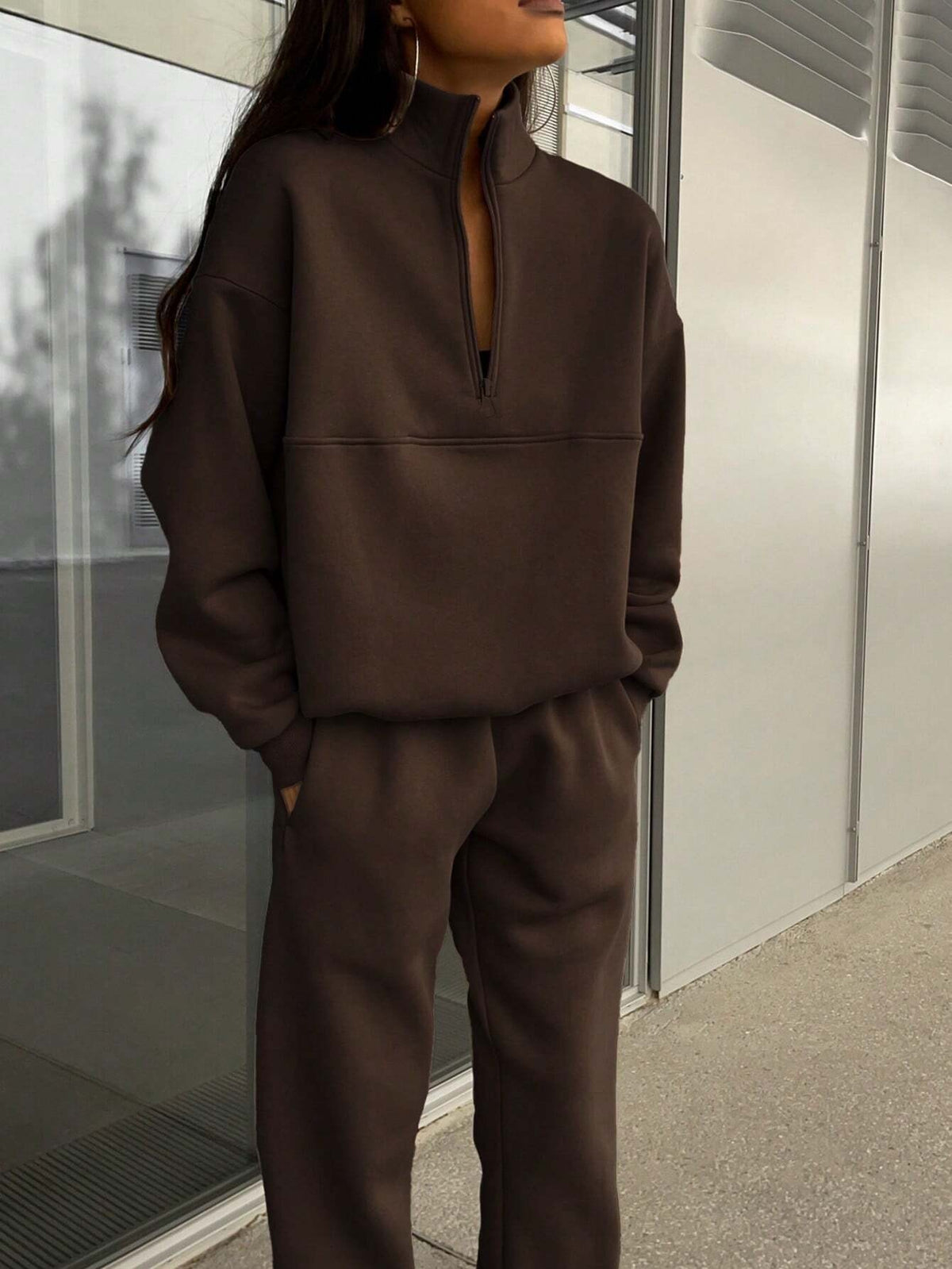 Women's Half-Zip Sweatsuit, Oversized Sweatshirt and Jogger Pants Lounge Set, Coffee Brown, Coffee Brown, view 3