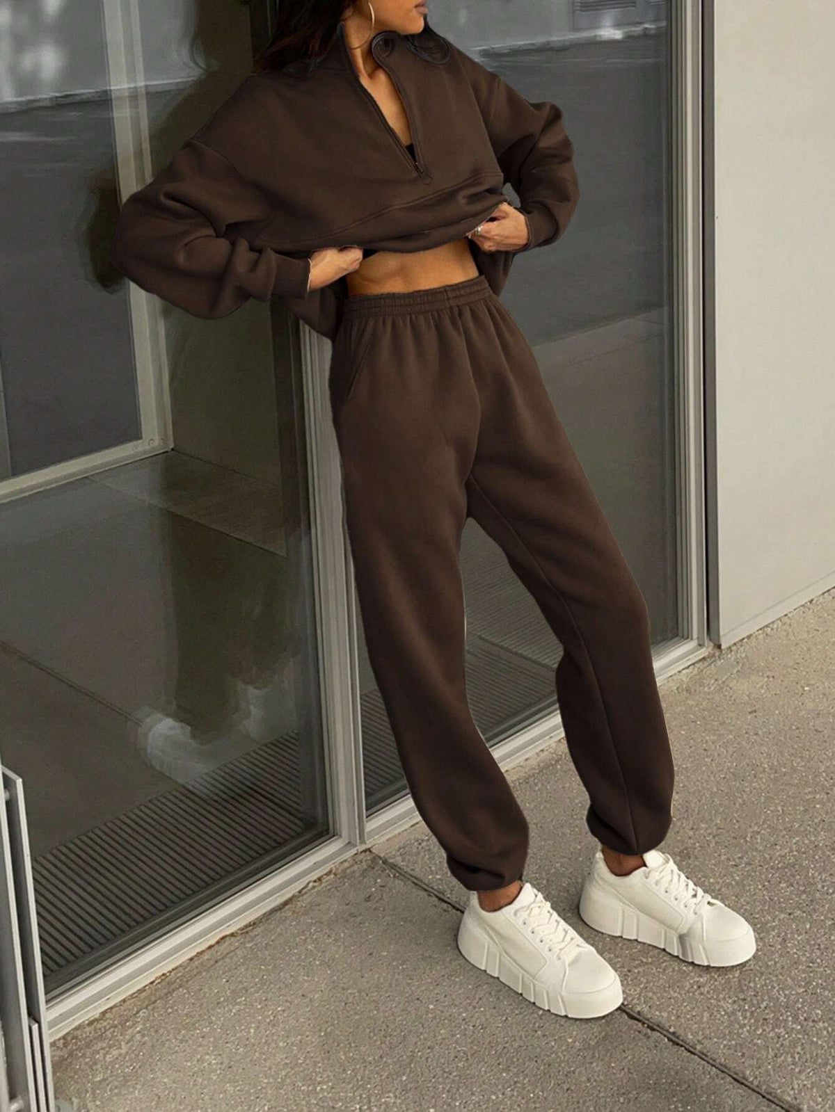 Women's Half-Zip Sweatsuit, Oversized Sweatshirt and Jogger Pants Lounge Set, Coffee Brown, Coffee Brown, view 4