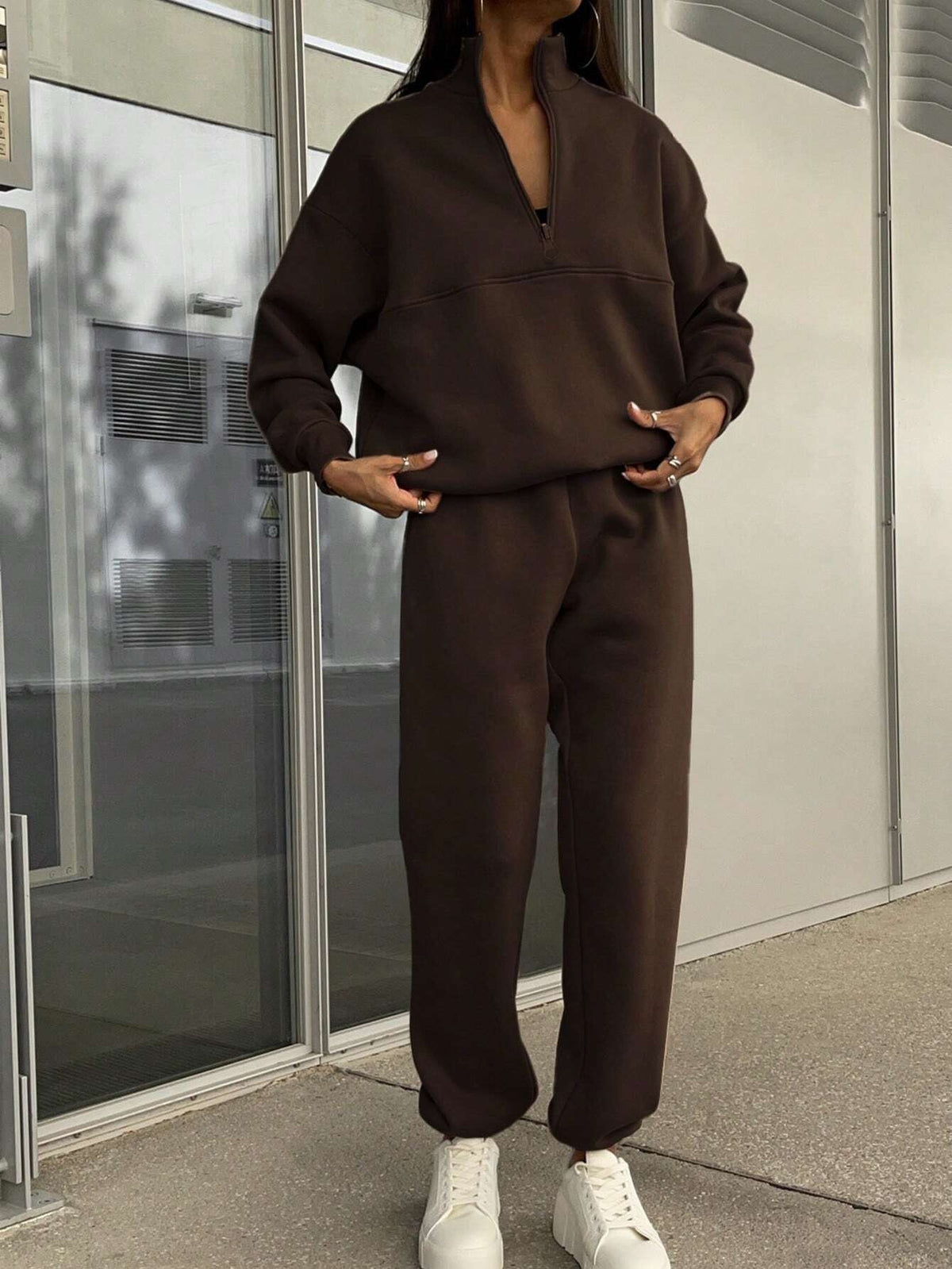 Women's Half-Zip Sweatsuit, Oversized Sweatshirt and Jogger Pants Lounge Set, Coffee Brown, Coffee Brown, view 7