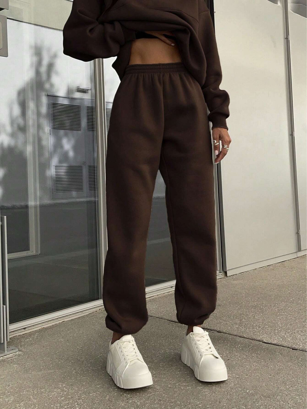 Women's Half-Zip Sweatsuit, Oversized Sweatshirt and Jogger Pants Lounge Set, Coffee Brown, Coffee Brown, view 5