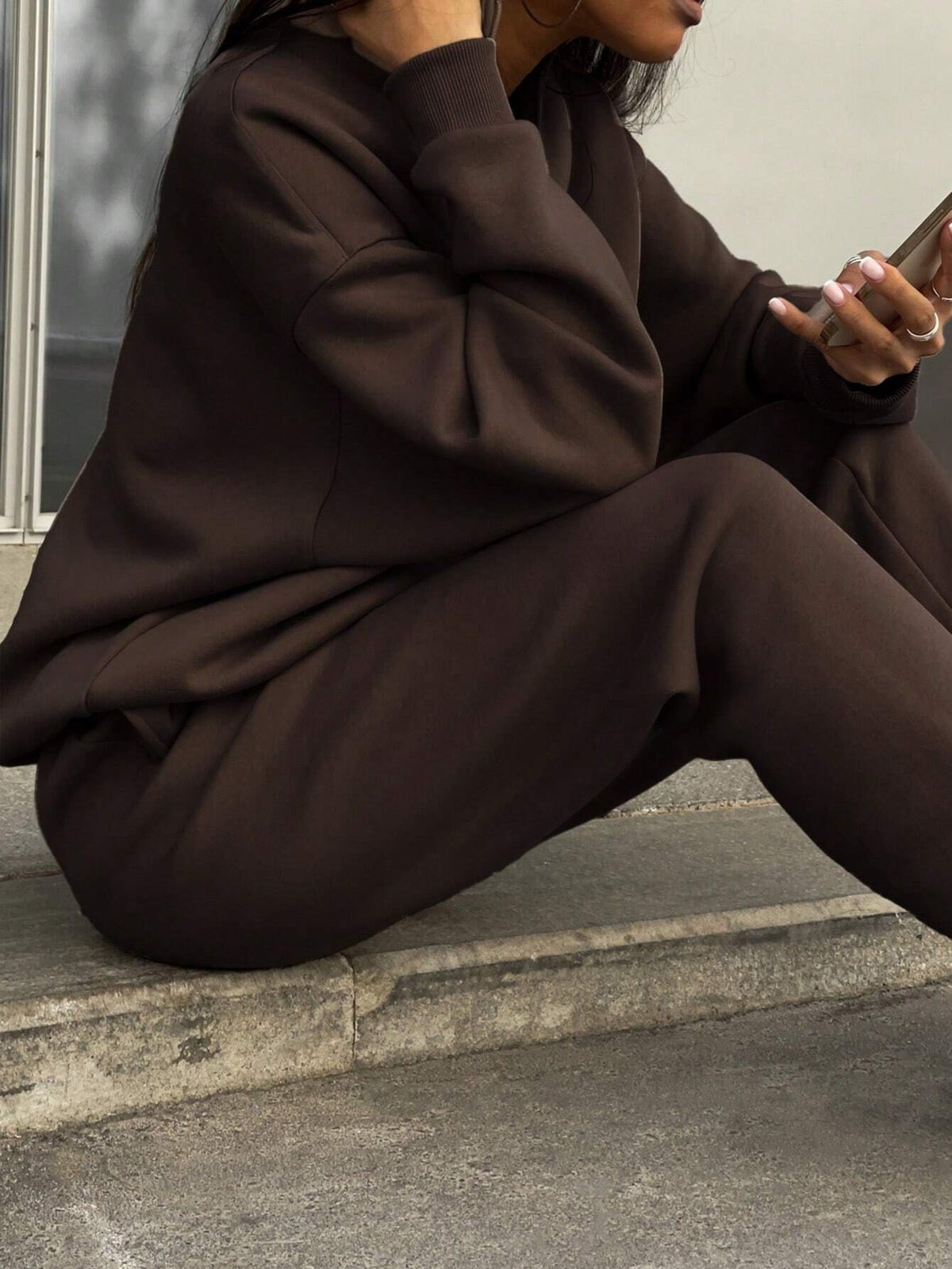 Women's Half-Zip Sweatsuit, Oversized Sweatshirt and Jogger Pants Lounge Set, Coffee Brown, Coffee Brown, view 6