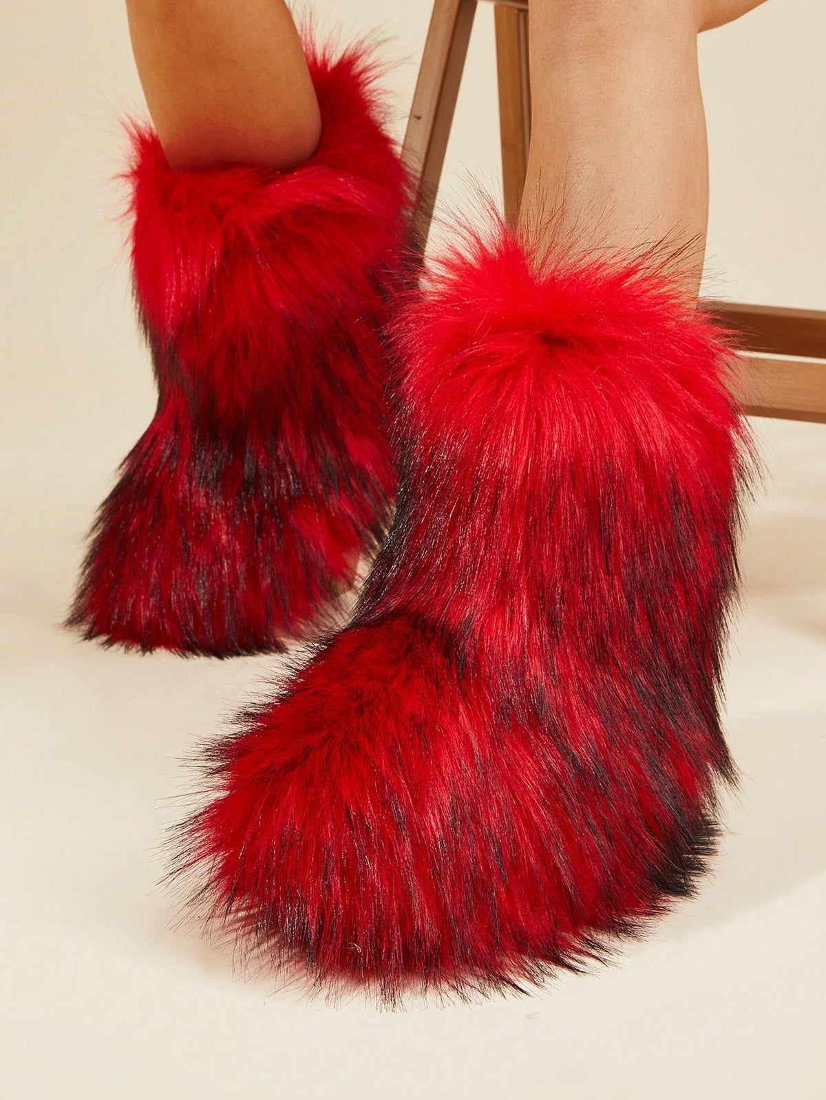 Women's Faux Fur Boots, Fluffy Mid-Calf Winter Boots with Warm Lining, Red